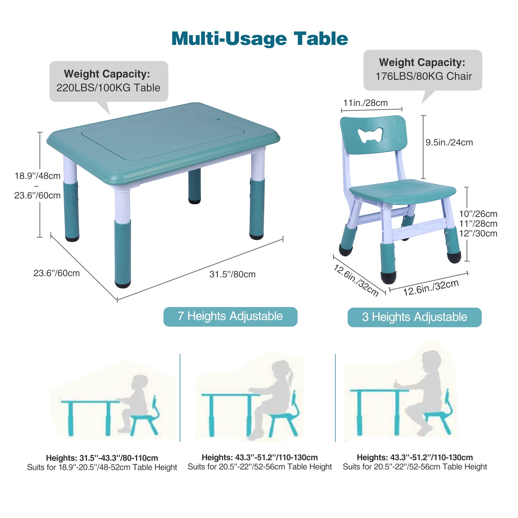 Kids Table and 2 Chairs Set, Height Adjustable 3 in 1 Multi Activity Table with 2 Chairs, Storage Bins,Graffiti,Double-Sided Tabletop,Sky Blue