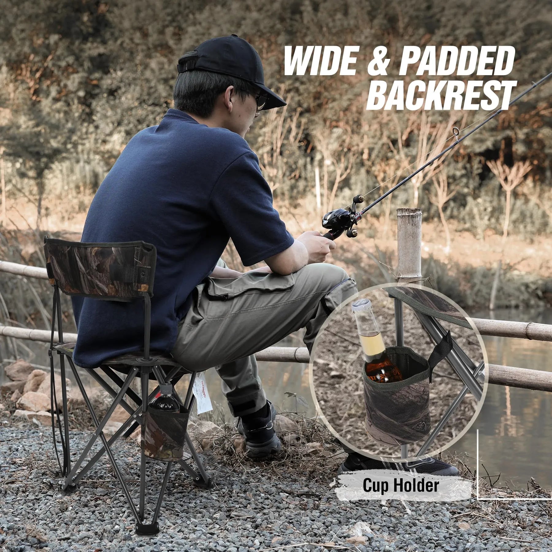 2 Pack Tall Tripod Chairs for Adults, Folding Lightweight Portable Golf Chairs for Spectators, Compact 3 Legged Tripod Stools Seat with Backrest for Camping Fishing Hunting, Camo