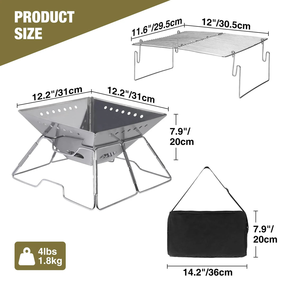 Foldable Fire Pit with Grill for Camping Collapsible Portable Fire Pit with Campfire Grill & Tote Bag for Backyard, Patio, Picnic, BBQ