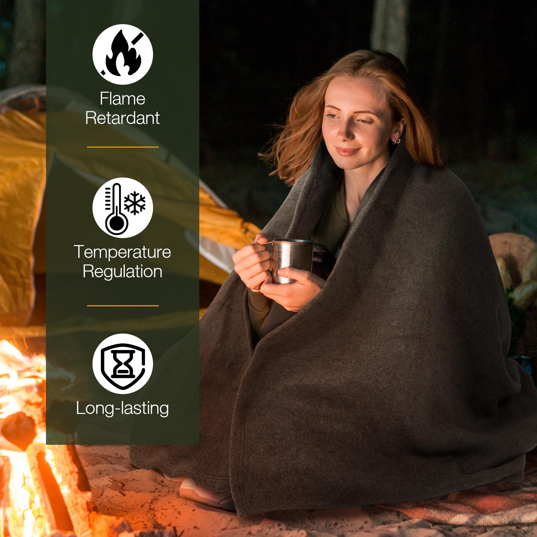 Wool Blanket, Warm and Thick Wool Camping Blanket- Great for Outdoors, Camping, Stadium Blanket, Picnics, Travel and Car, Machine Washable 86"x 63" Grey