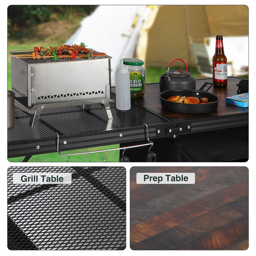Mesa de cocina portátil para acampar con organizador de almacenamiento para exteriores