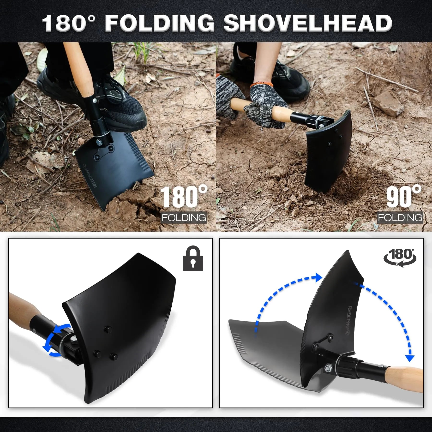 23" Forces Spetsnaz Shovel, Tactical Entrenching Tool Hardwood Handle Shovel, Military Folding Camping Shovel for Camping Hiking Gardening Beach, Black