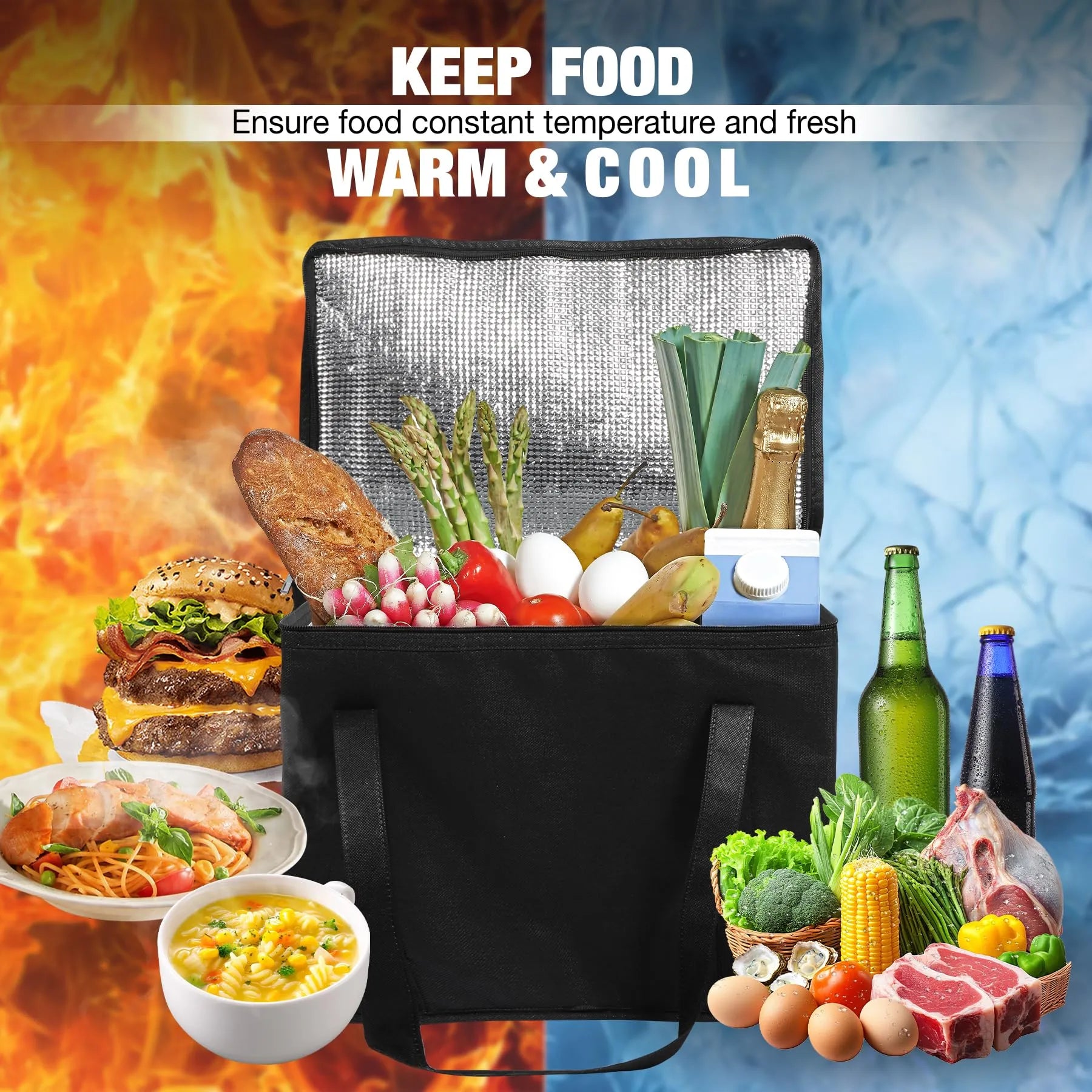 Insulated Cooler Bag Reusable Grocery Bags with Zippered Top