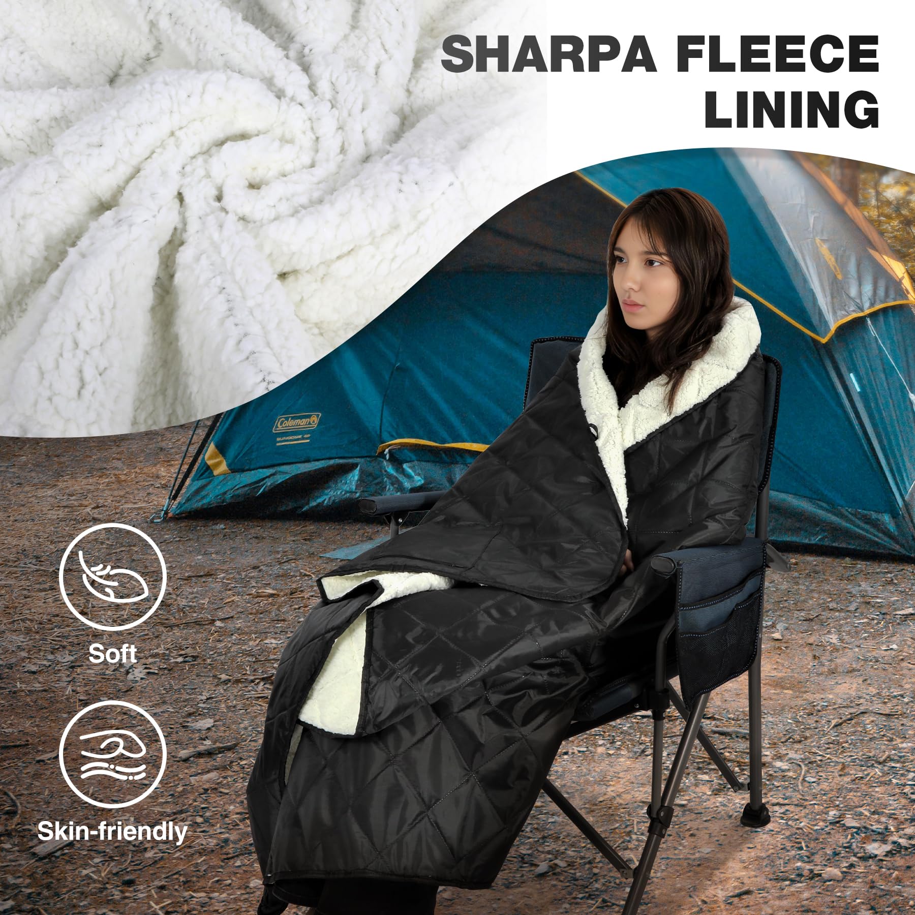 Large Warm Camping Blanket with Sherpa Lining, Cold Weather Warm Outdoor Blanket Waterproof and Windproof for Camping Stadium, Machine Washable 59"x79" White
