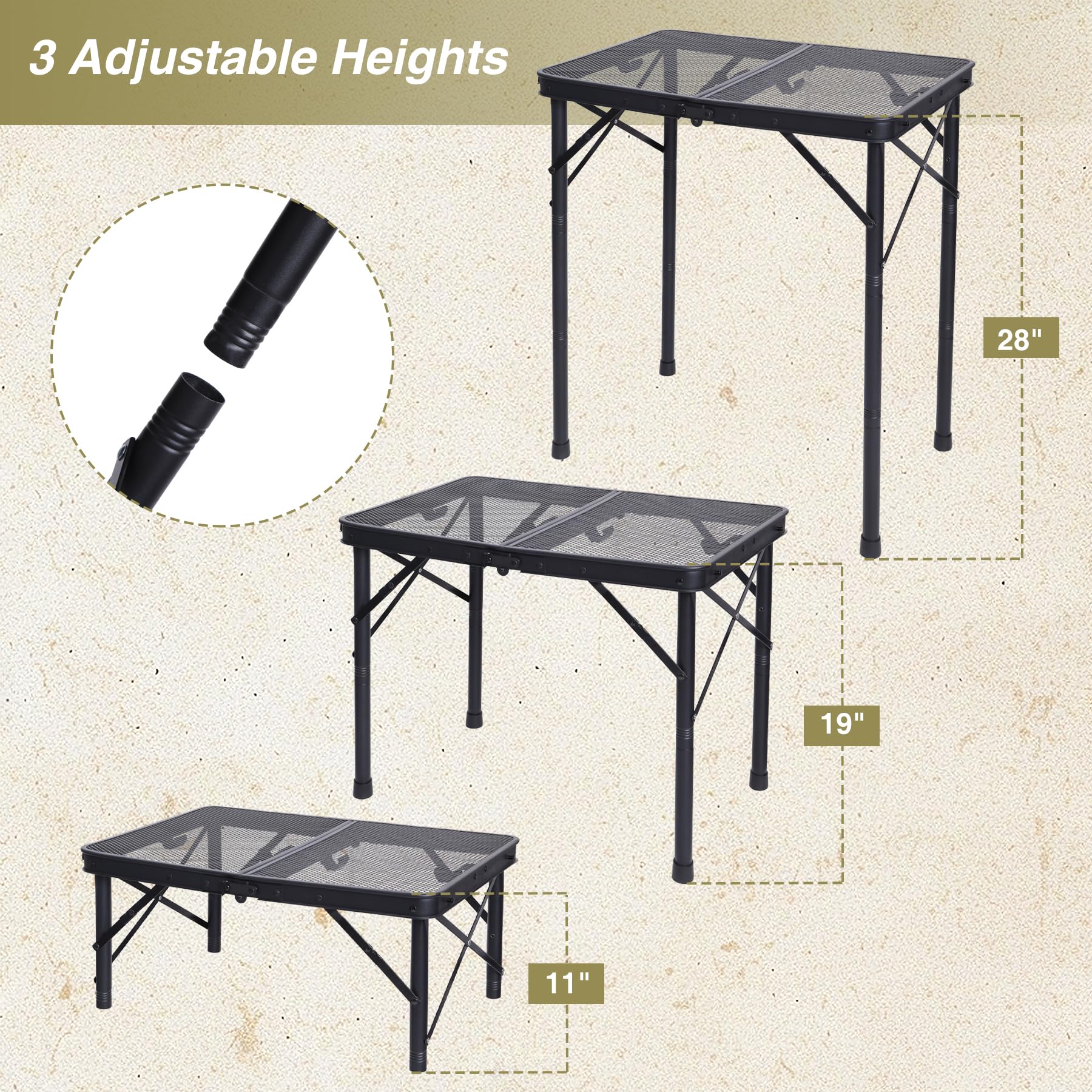 2 Feet Small Folding Grill Table for Outside, 3 Heights Adjustable Portable Metal Outdoor Picnic Table for Camping Travel Cooking BBQ, Black, 24" Lx 16" Wx 27.5" H
