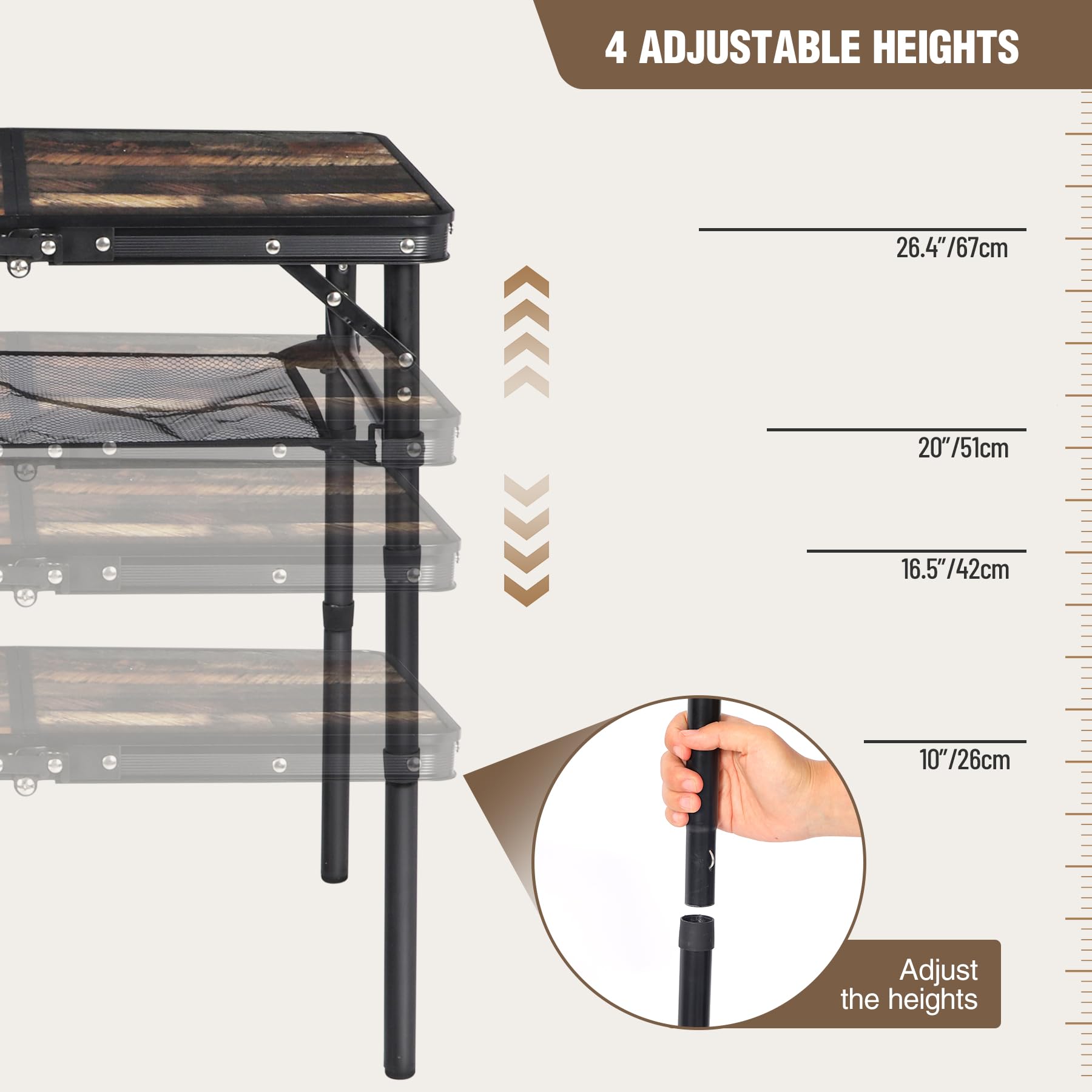 Adjustable Aluminum Folding Table with Side Storage