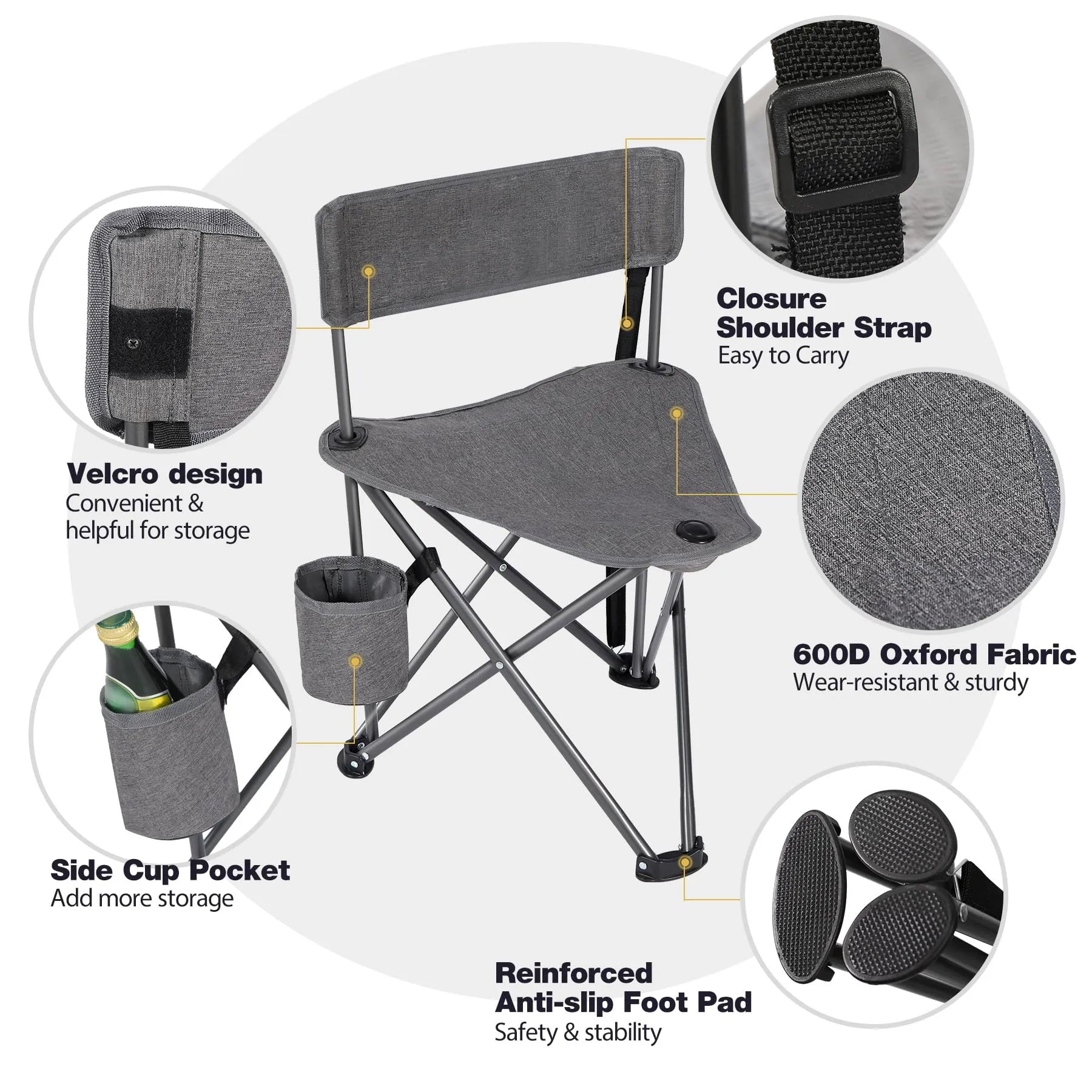 2 Pack Tripod Camping Chairs Folding Lightweight, Portbal 3 Legged Tripod Stool Seat with Cup Holders, Small Fishing Chairs Compact for Adults Golf, Hunting,Dark Grey
