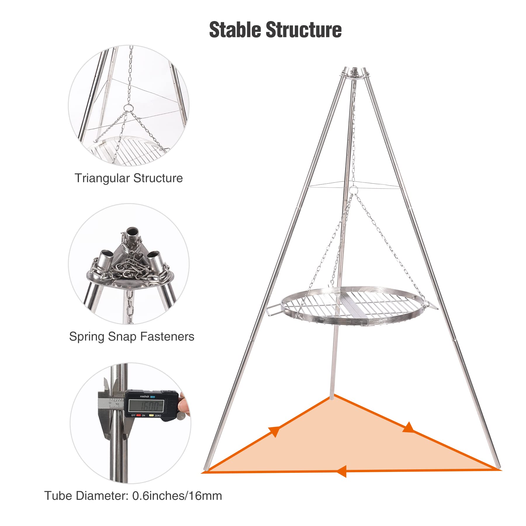 Campfire Tripod Grill for Cooking, Durable Stainless Steel Camping Fire Tripod Grill with Round Grate and Carrying Bag for Outdoor BBQ, Silver