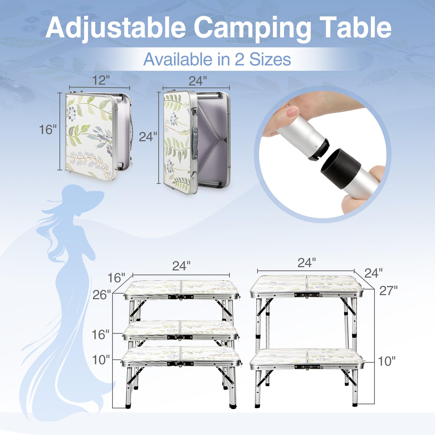 2ft Portable Camping Table，3 Adjustable Height