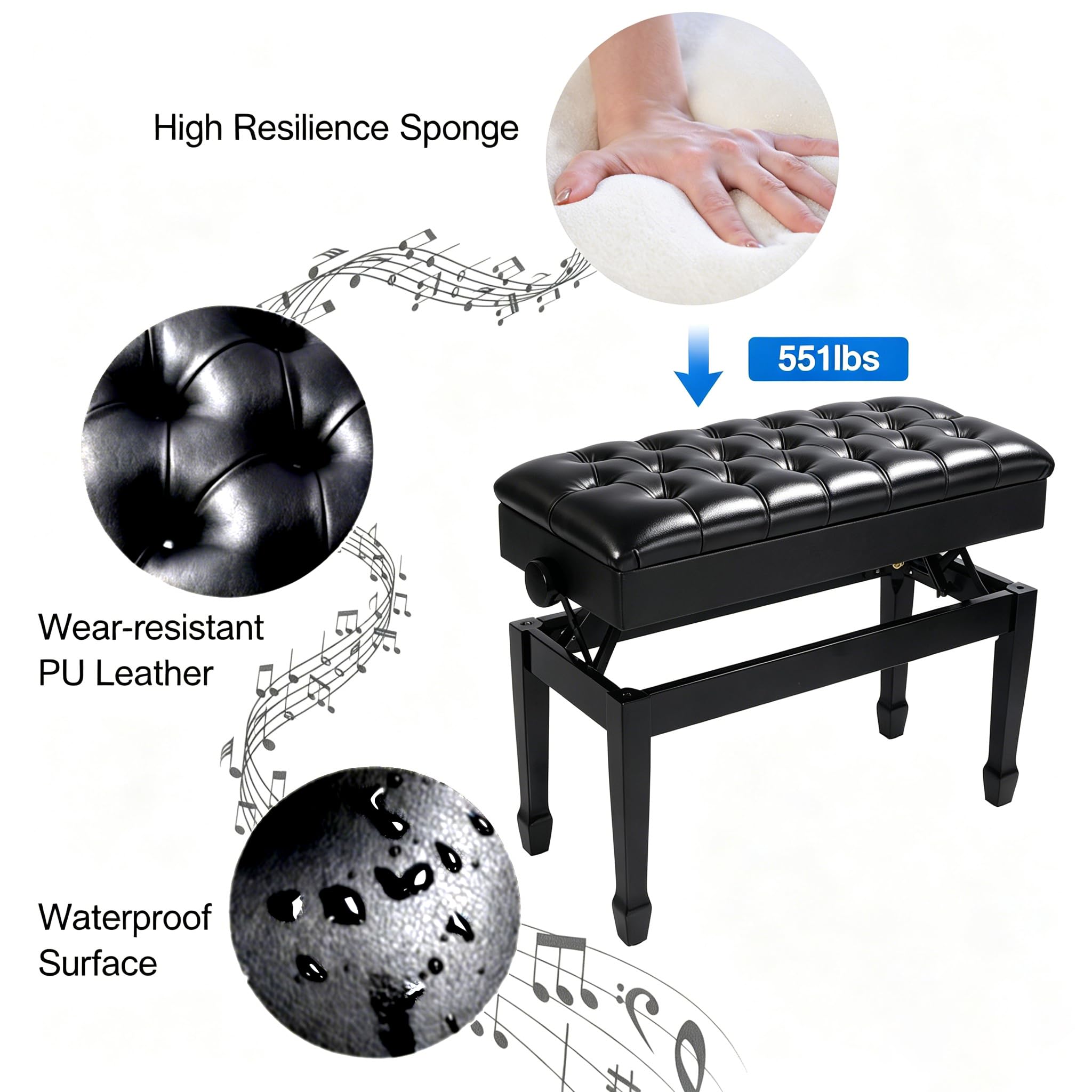 Adjustable Double Piano Bench with Storage