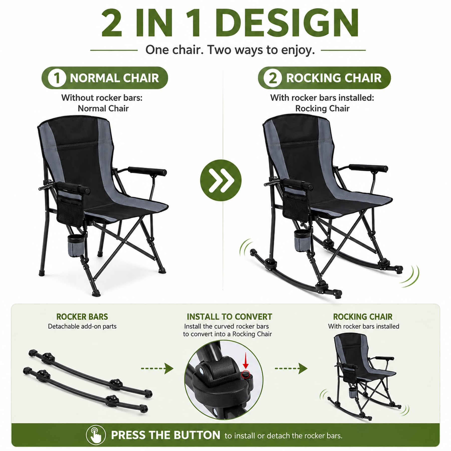 Standard chair and rocking chair configurations with removable rocker bars