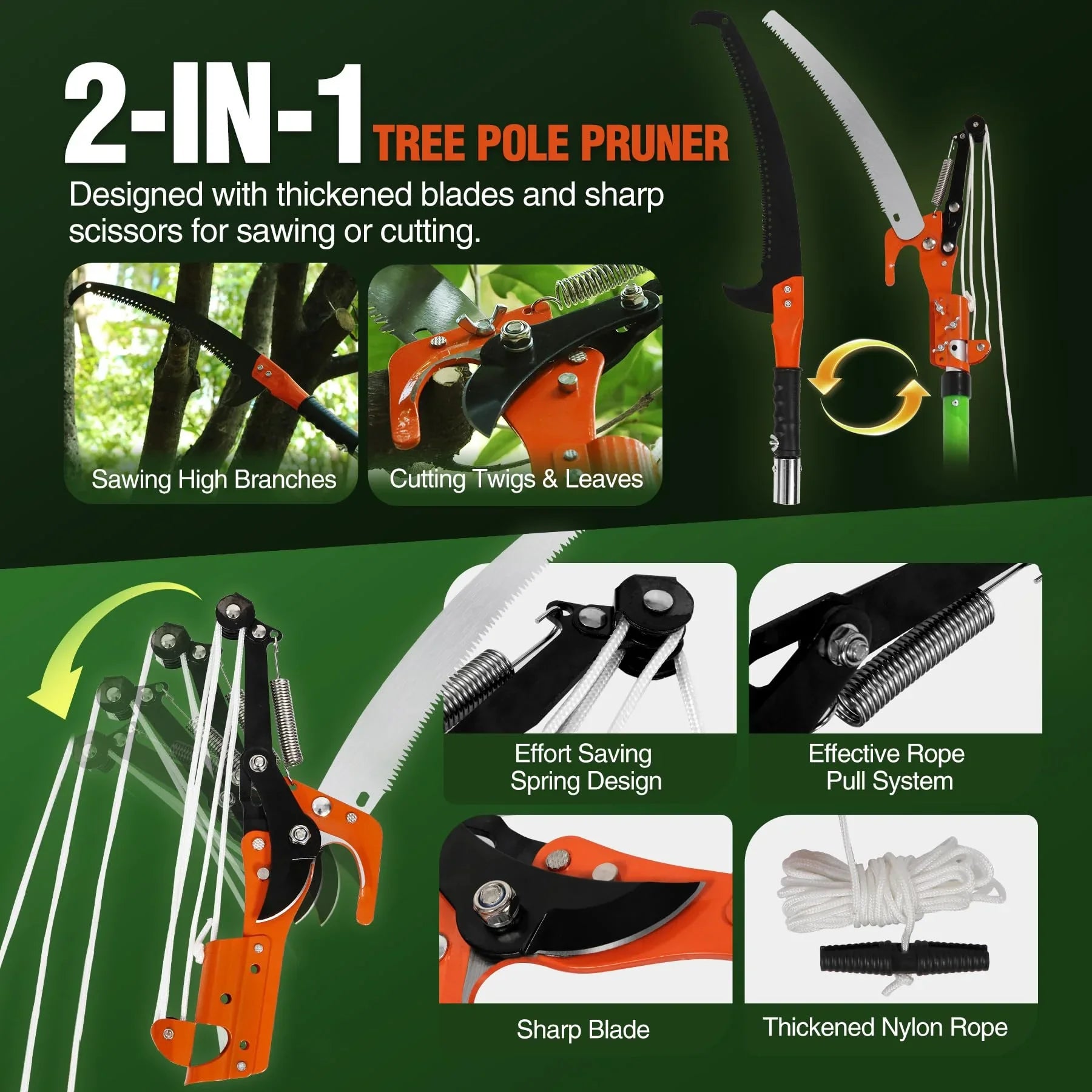 Manual Pole Saw, 27ft Extendable Tree Pruner, Sharp Steel Blade and Scissors High Branches Trimming