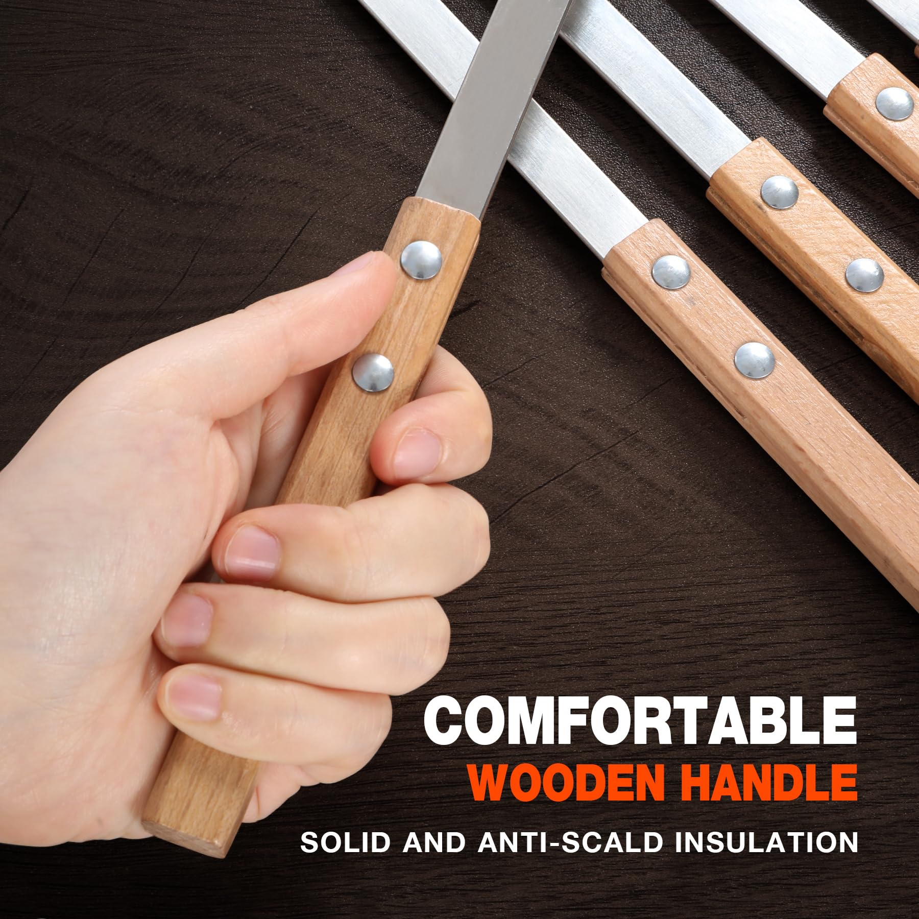 8PCS Kabob Skewers for Grilling, 23" Long 5/8 Wide Flat Metal Skewers for Kabobs, Reusable BBQ Stainless Steel Sticks with Wooden Handle for Outdoor Camping Picnic Cooking, Silver