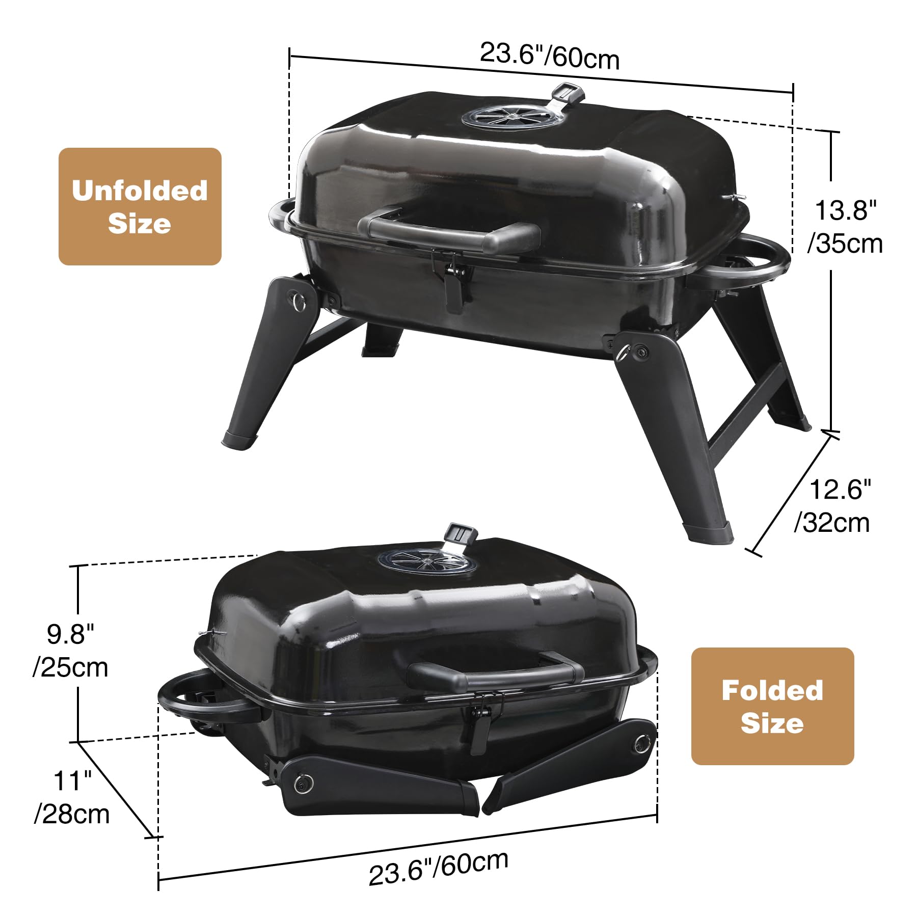 REDCAMP foldable charcoal grill showing unfolded and folded dimensions