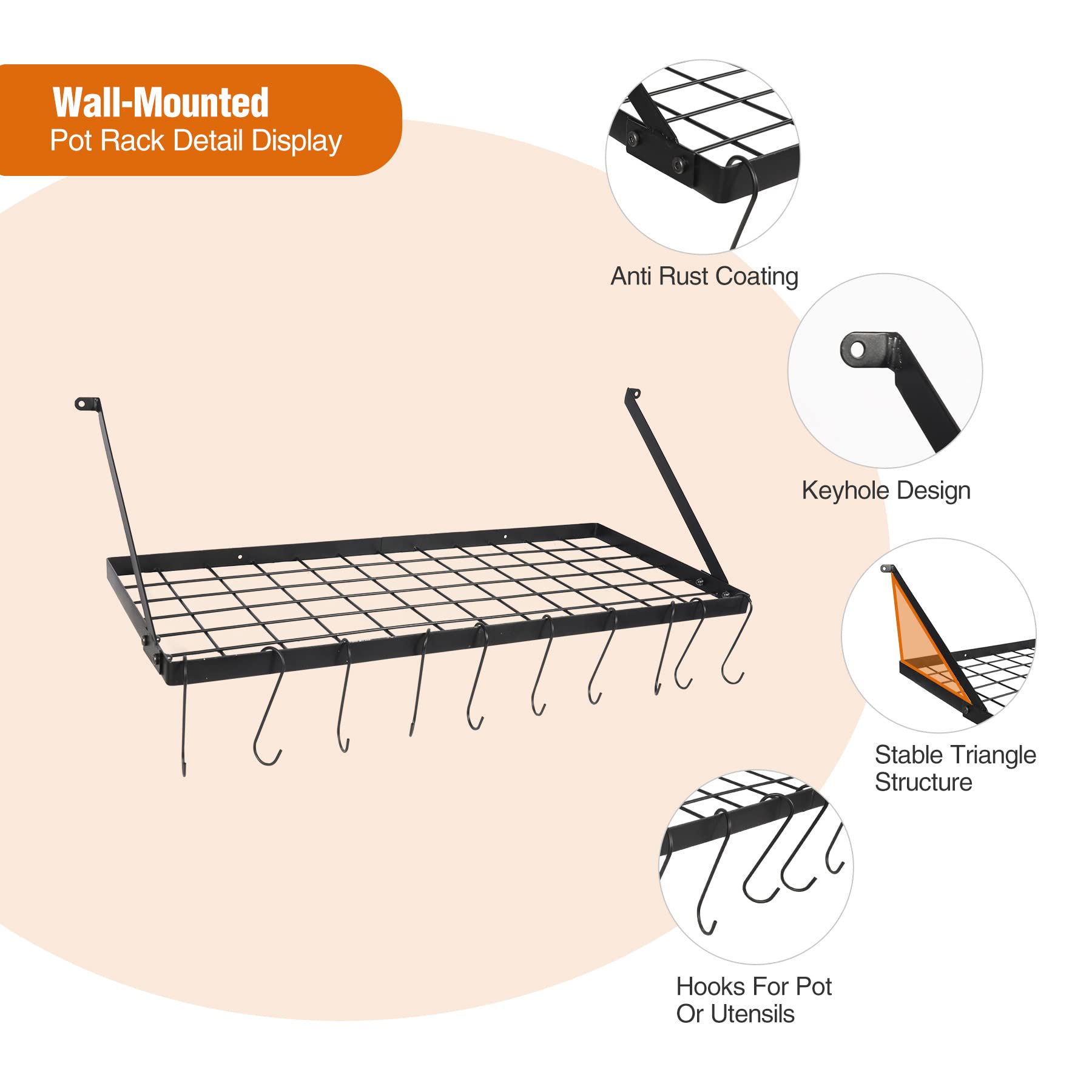29” Wall Mounted Pot Rack Storage Shelf with 10 Hooks,Kitchen Pots and Pans Hanging Rack Holder for Utensils Cookware Household,Black
