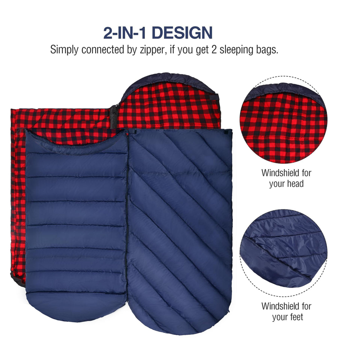 REDCAMP Flannel Sleeping Bag for Adults, Comfortable Cotton Sleeping Bags for Camping with Detachable Hood
