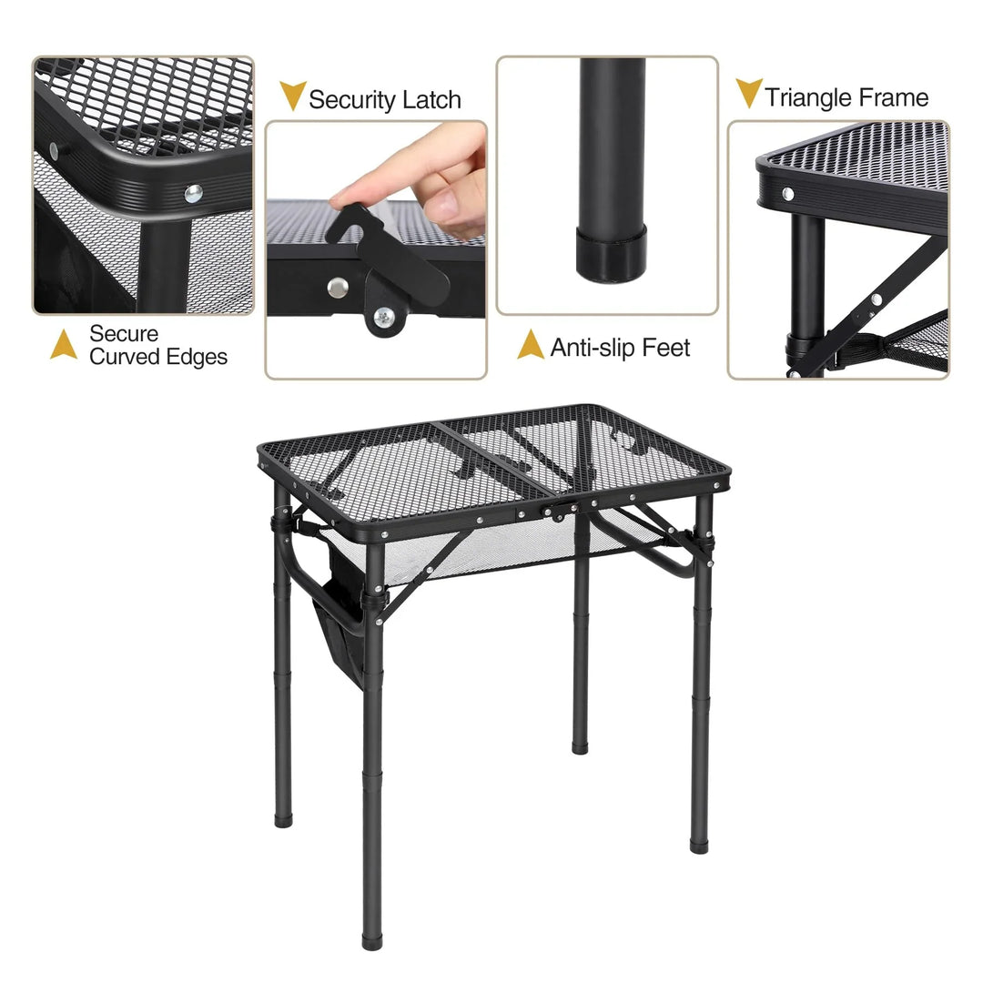 Table de barbecue pliante pour l'extérieur avec pieds réglables en hauteur 