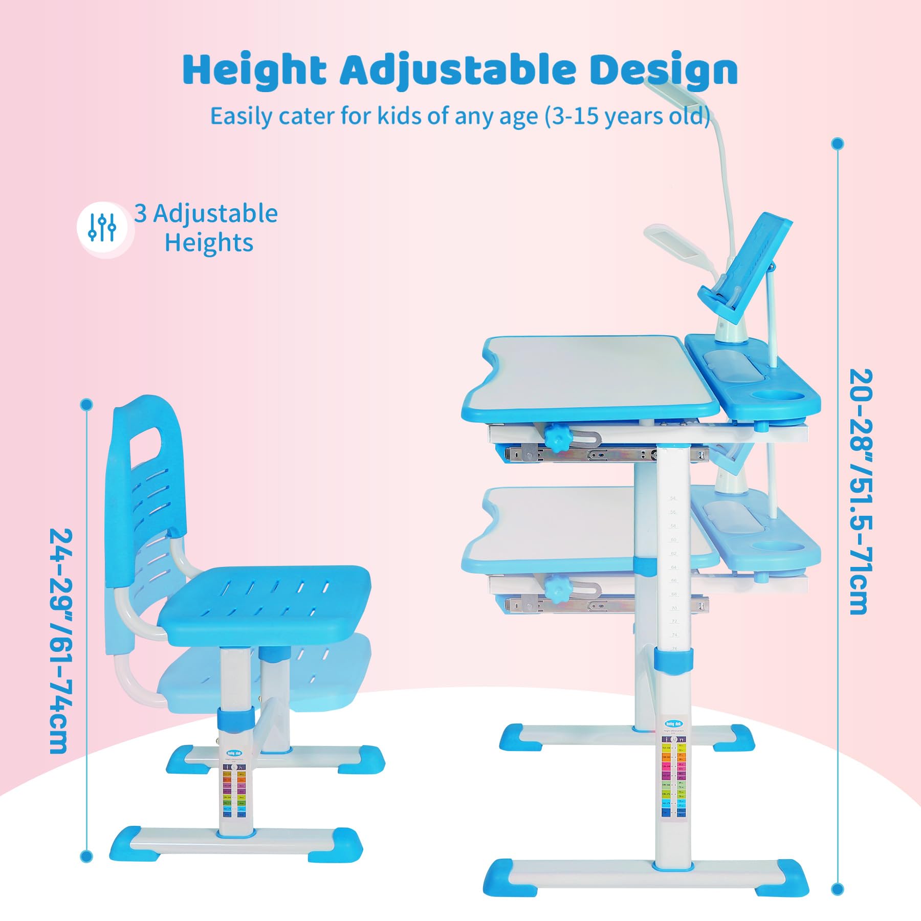 REDCAMP Adjustable Student Desk and Chair Set with Drawing Tilt Desktop