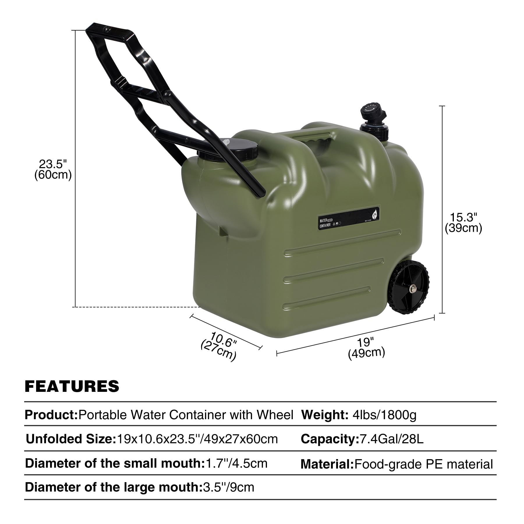 7.4 Gal Water Container with Wheels & Spigot | Portable Rolling Emergency Camping Water Jug with Folding Handle | BPA Free Food Grade Water Storage Tank for Camping, 2 Pack(28L, Green)