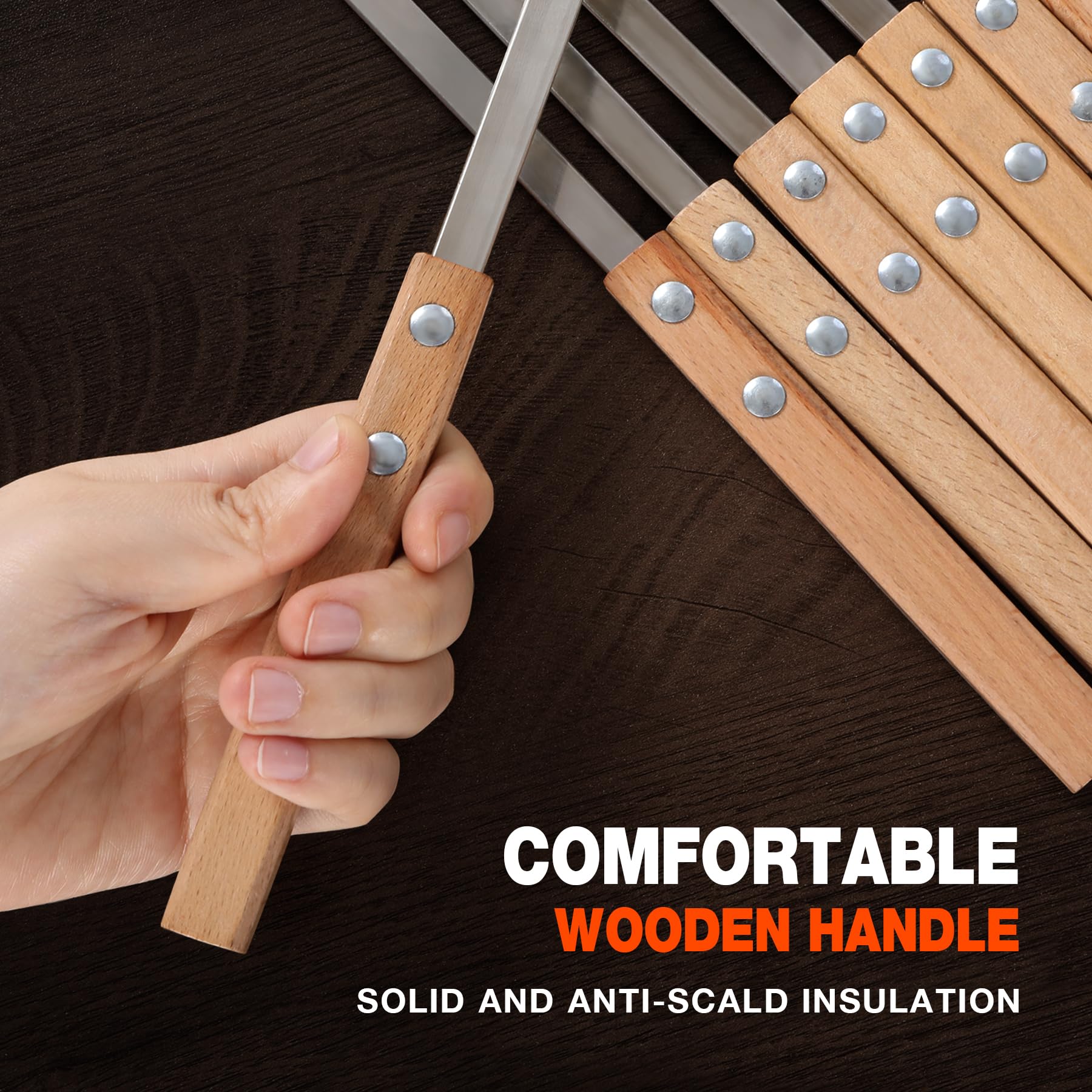 17" Premium Flat Stainless Steel BBQ Skewers with Wooden Handles