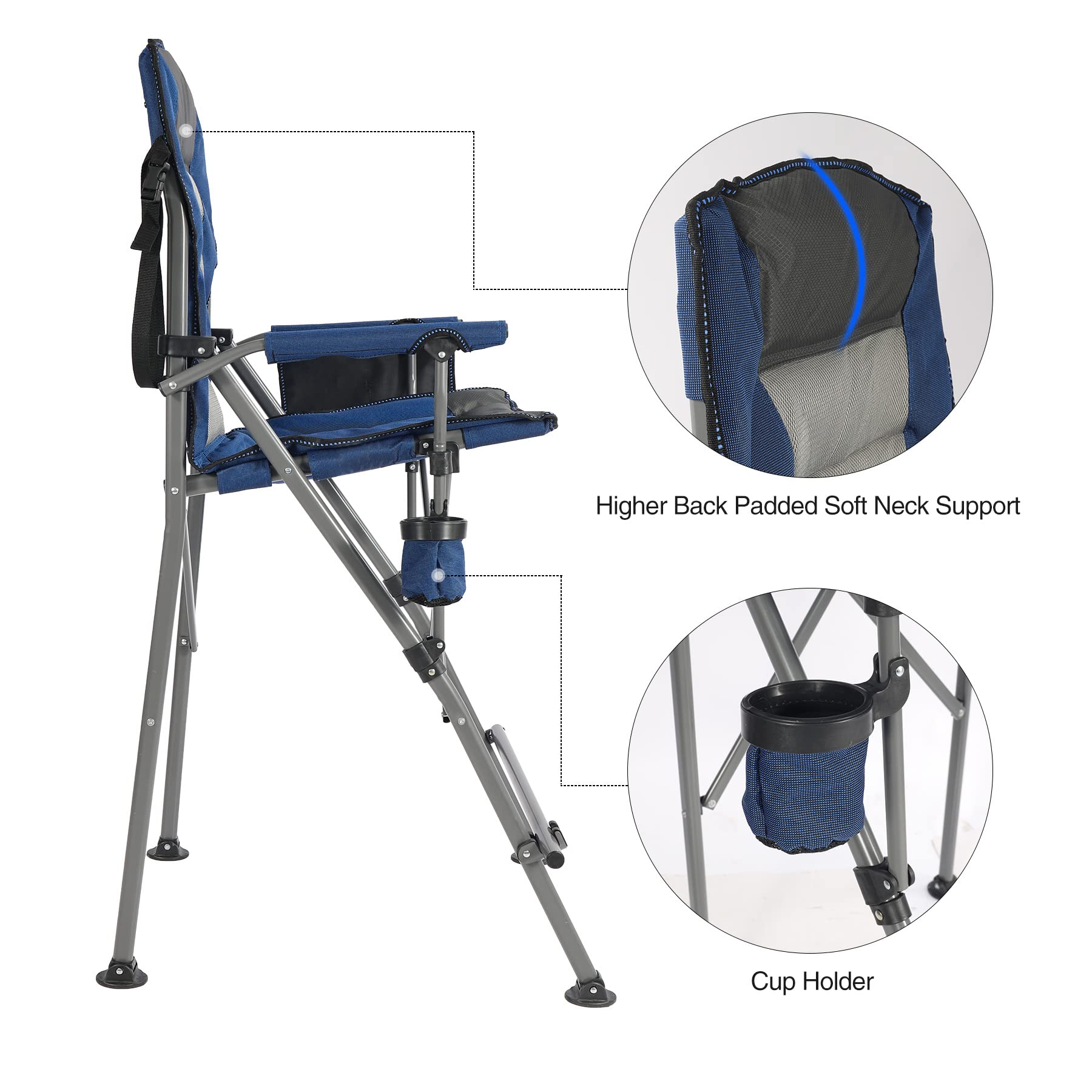 REDCAMP Padded 31" Bar Height Tall Folding Camping Chairs for Adults, Heavy Duty 330 lbs Directors Chair Foldable with Foot Rest and Cup Holder, Blue
