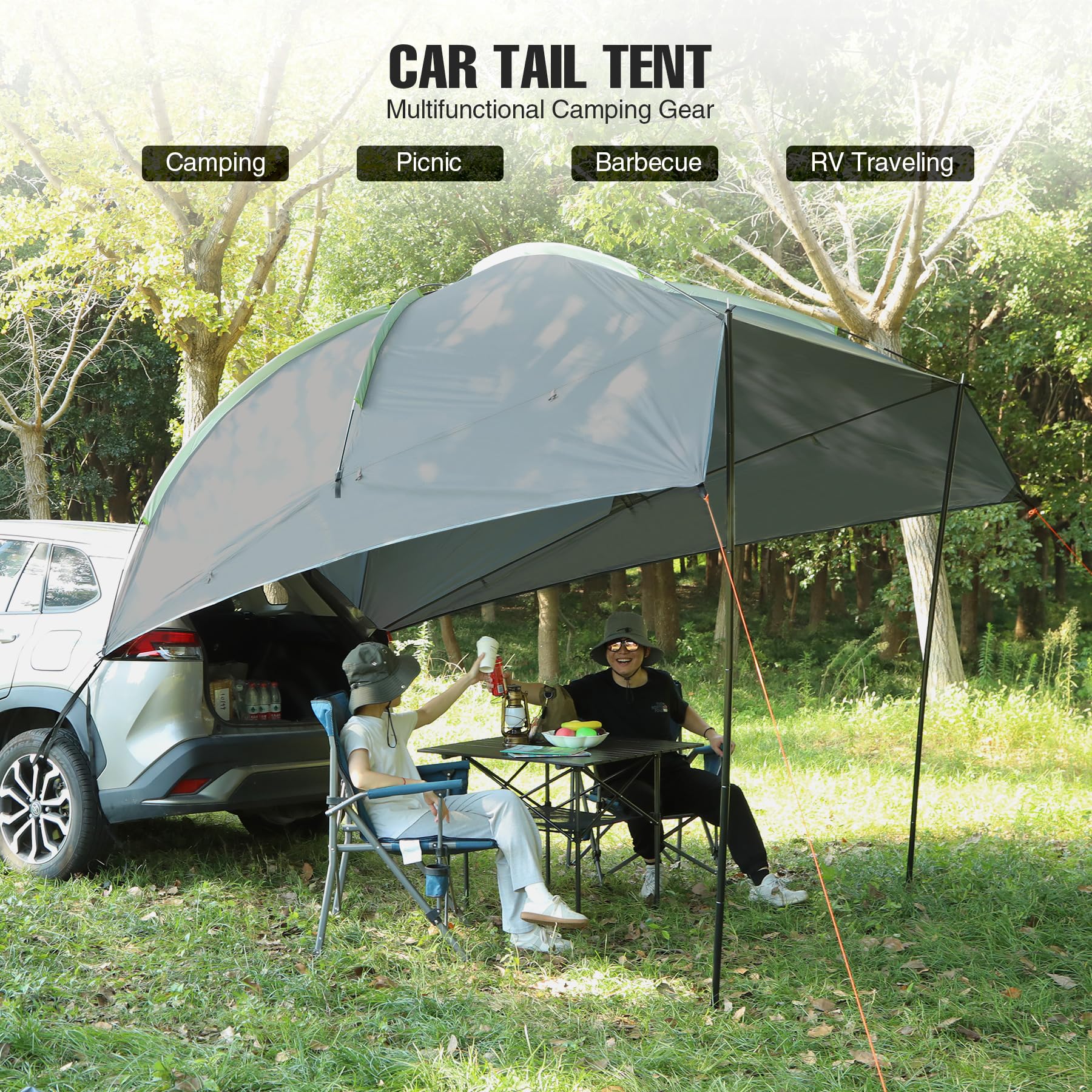 Waterproof Car Awning Sun Shelter with Carrying Bag, Portable Auto Canopy Camping Trailer Sun Shade for SUV, Truck, Van, Outdoor, Dark Grey