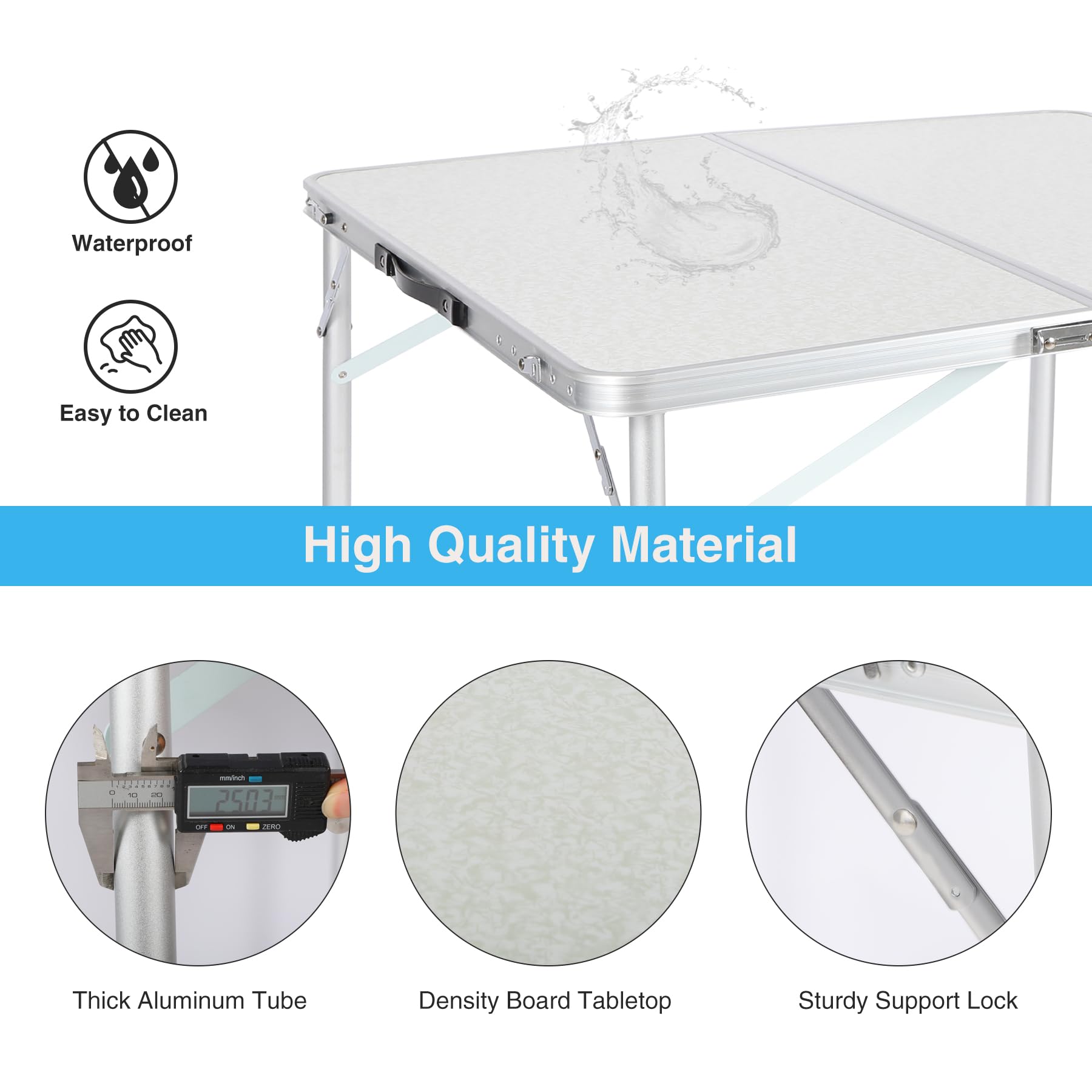 32" Square Folding Camping Table with Adjustable Heights Legs, Lightweight Portable Aluminum Fold in Half Small Card Tables Bridge Tables for Outdoor Picnic, White