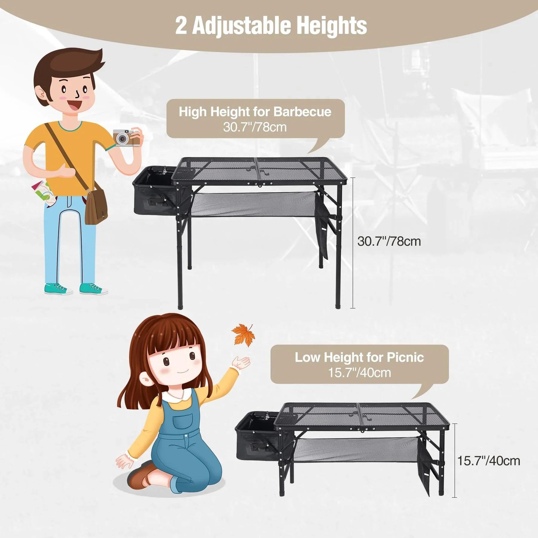 Folding Grill Table for Outside with Adjustable Height Legs