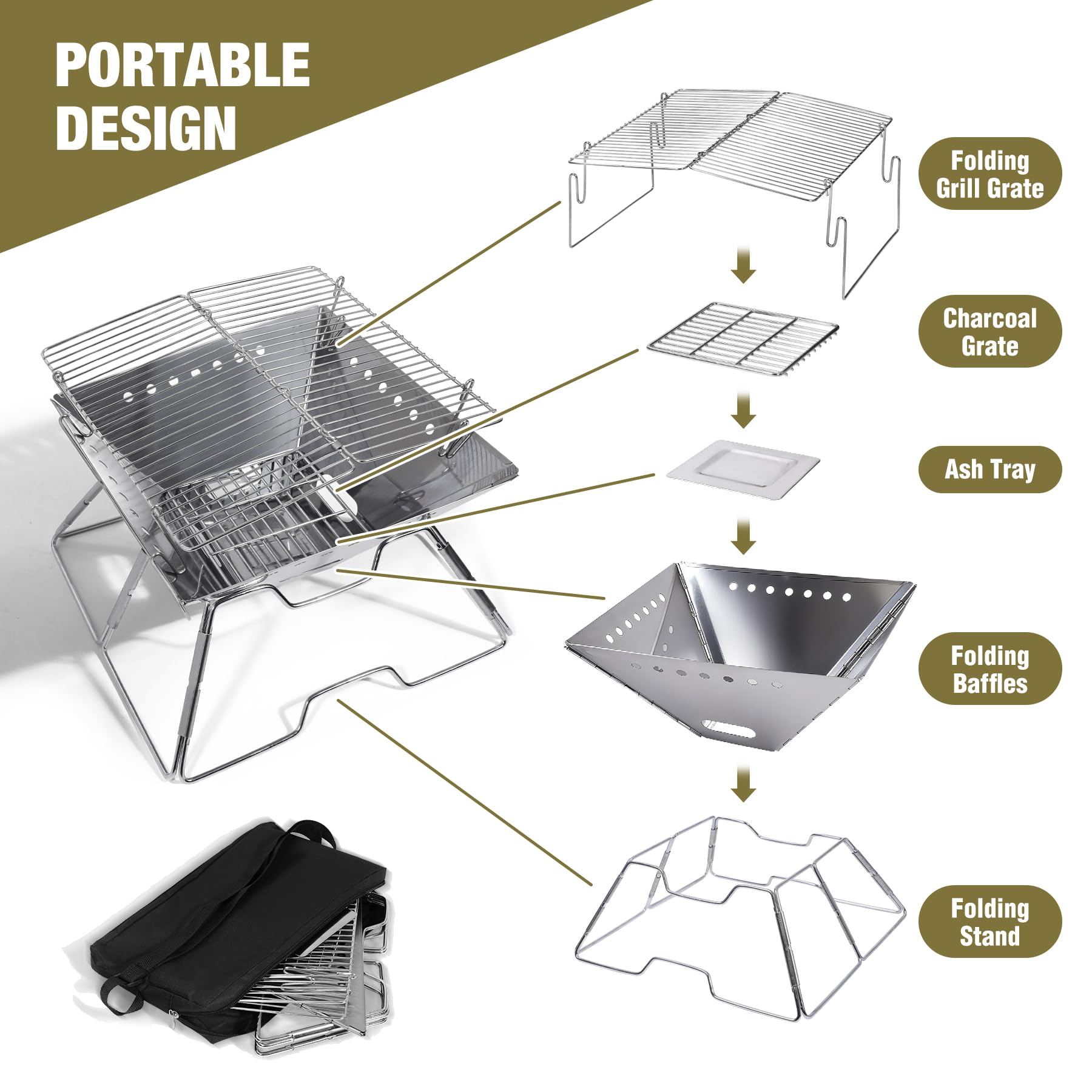 Foldable Fire Pit with Grill for Camping Collapsible Portable Fire Pit with Campfire Grill & Tote Bag for Backyard, Patio, Picnic, BBQ