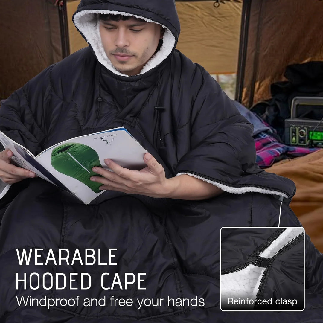 Wearable Camping Poncho Blanket, 4-in-1 Waterproof Windproof Thermal Blanket with Kangaroo Pocket & Carry Bag, Lightweight Portable Insulated Poncho for Outdoor Hiking Stadium,（Black）