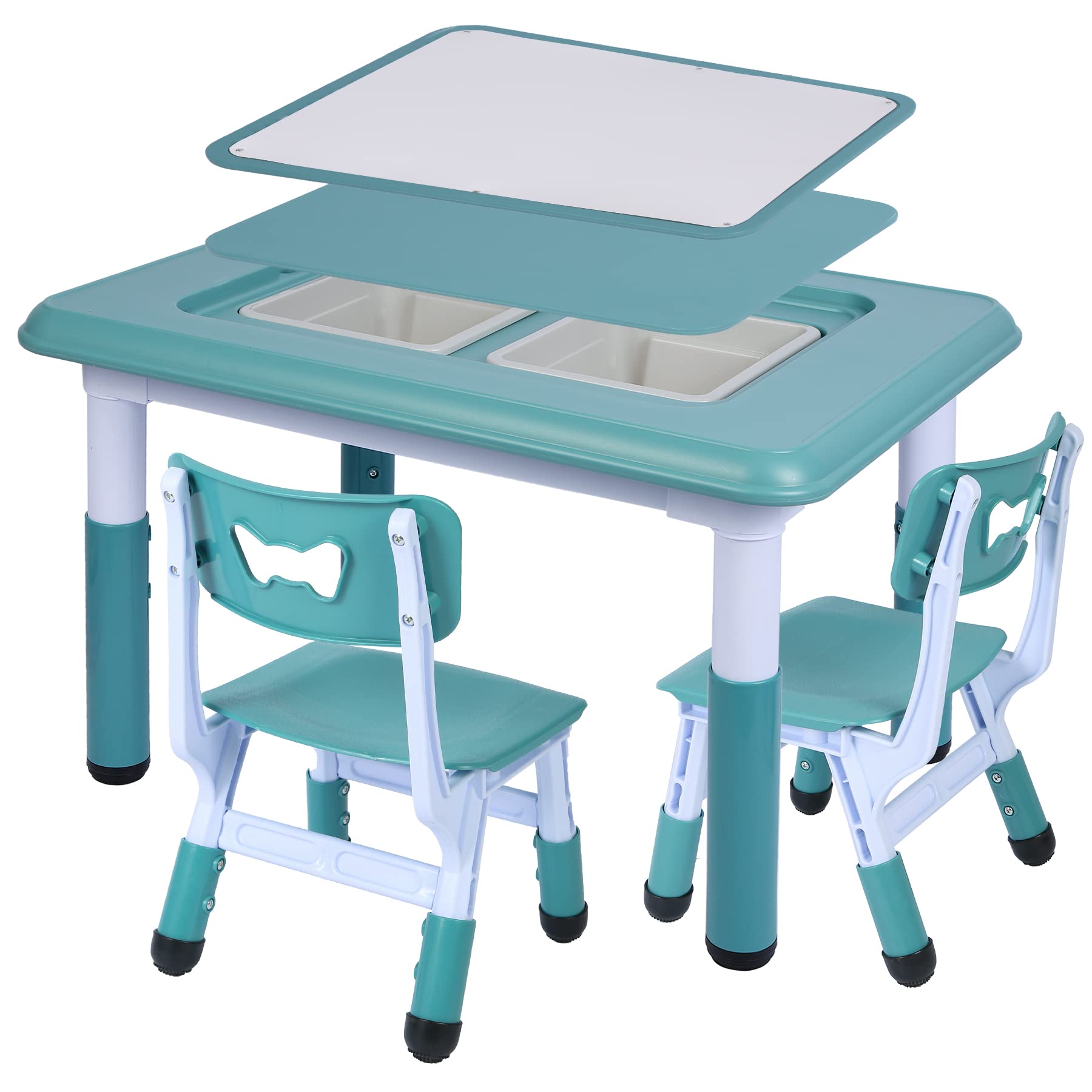 Kids Table and 2 Chairs Set, Height Adjustable 3 in 1 Multi Activity Table with 2 Chairs, Storage Bins,Graffiti,Double-Sided Tabletop,Sky Blue