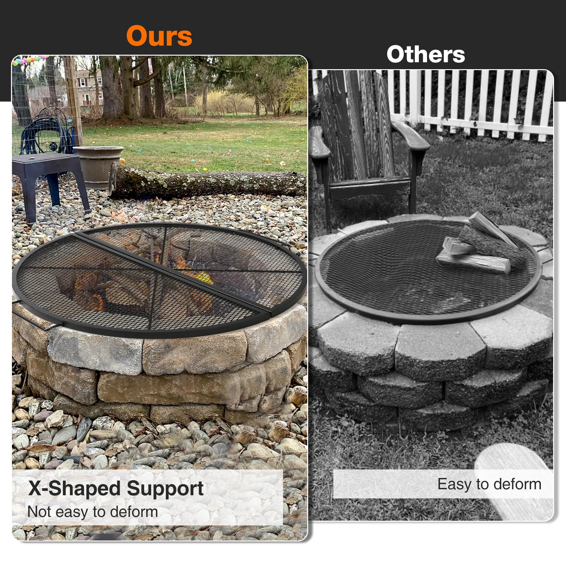 X-Marks Fire Pit Cooking Grill Grates Portable, Heavy Duty Folding Round Campfire Grill Grate, Firepit Grill Grate with Handles for Outdoor BBQ Picnic, Black 24 Inch