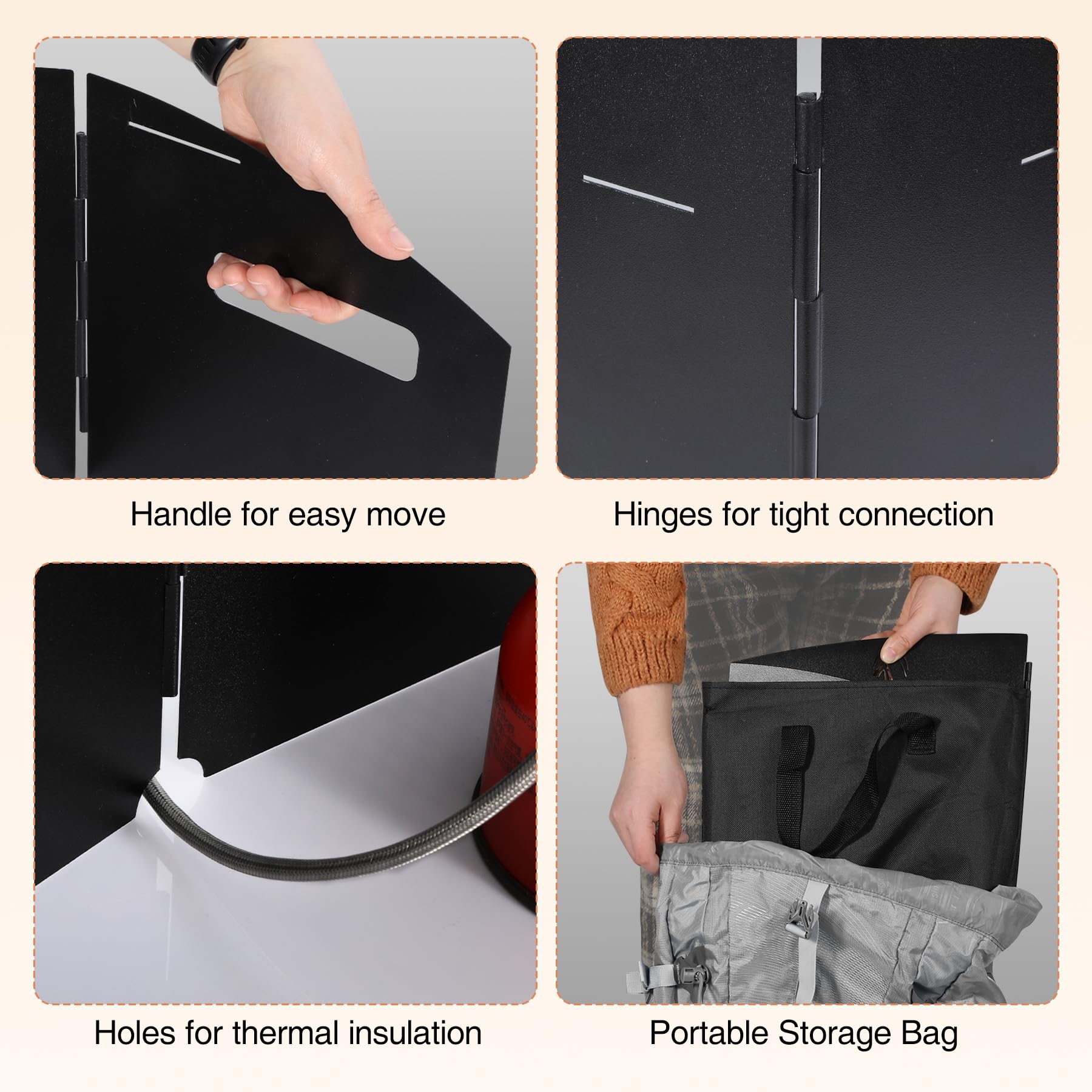 Portable 4 Panel Steel Camping Stove Windscreen, Foldable Windproof Outdoor Gas Stove Windshield with Storage Bag for Camping, Hiking, Backpacking, Picnic, Cooking Black