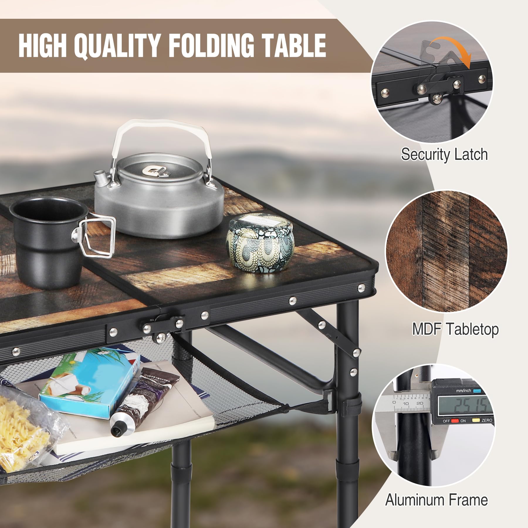 Adjustable Aluminum Folding Table with Side Storage