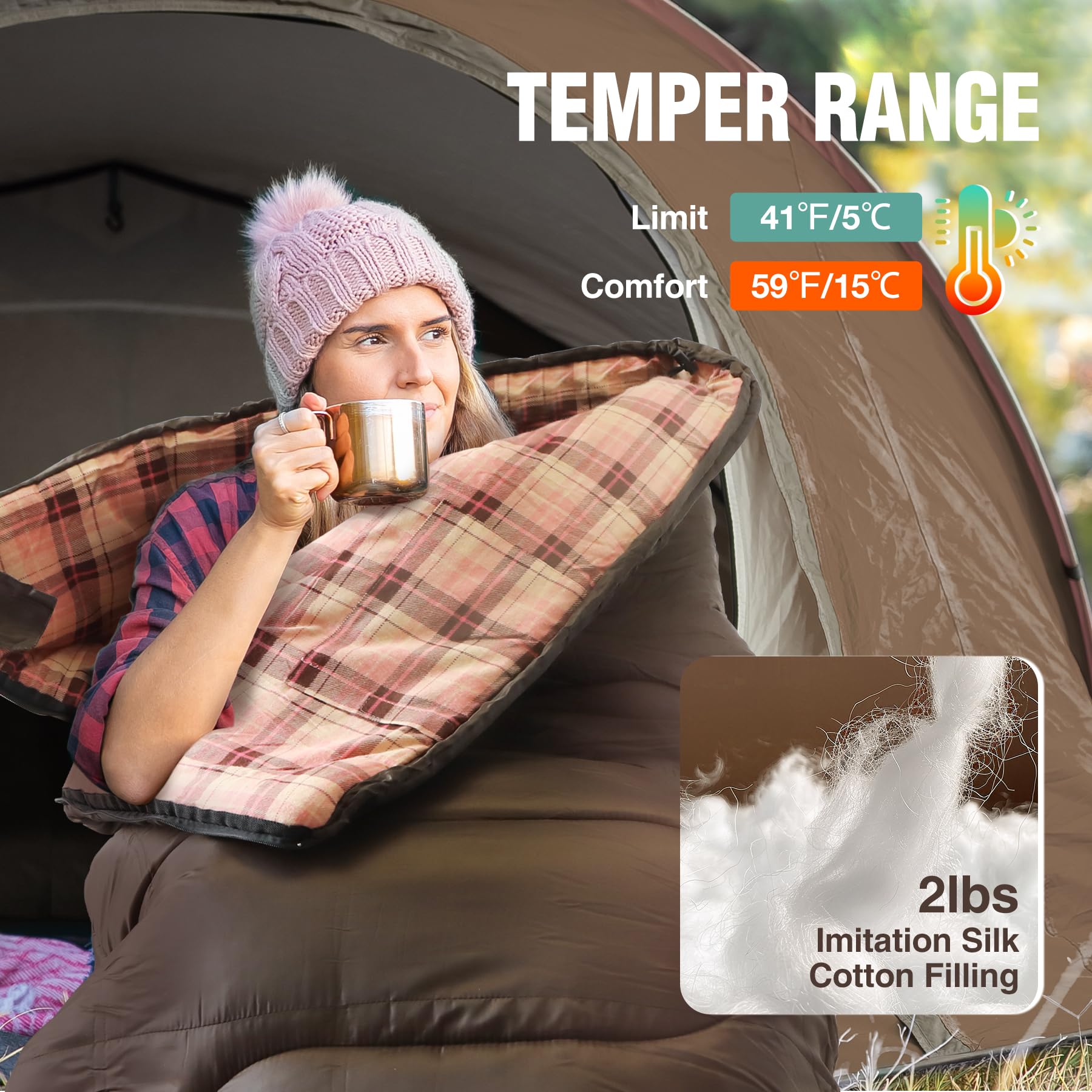 40°F Cotton Flannel Rectangular Sleeping Bag-Pink Plaid