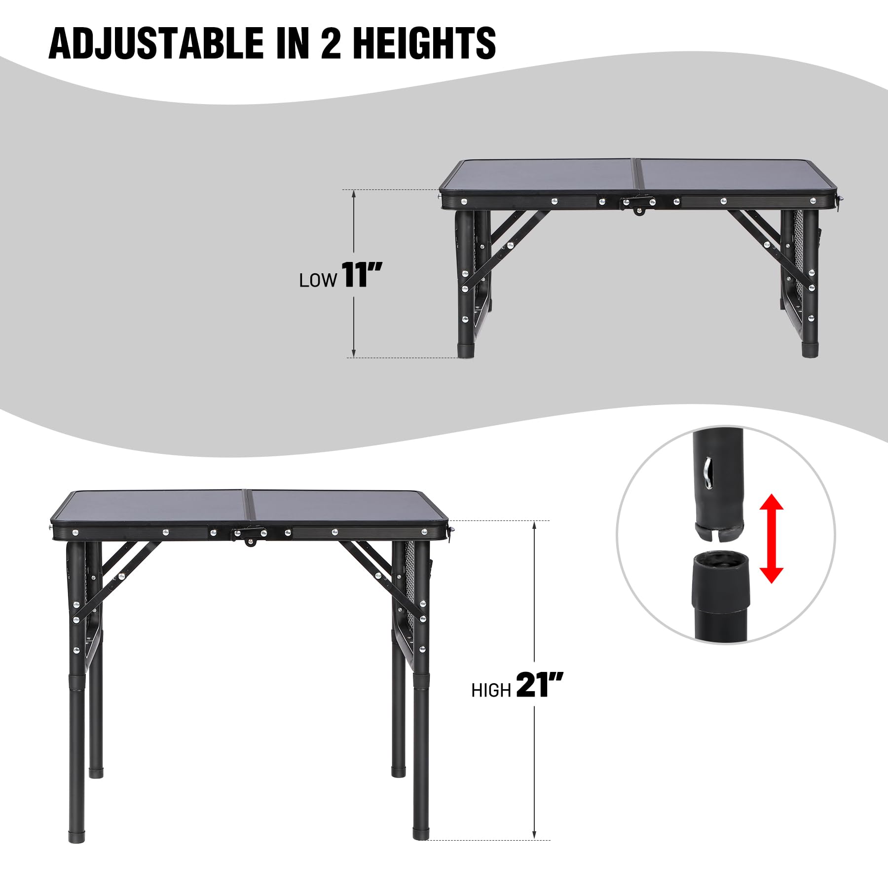 3ft Adjustable Aluminum Camping Table with Side Wings