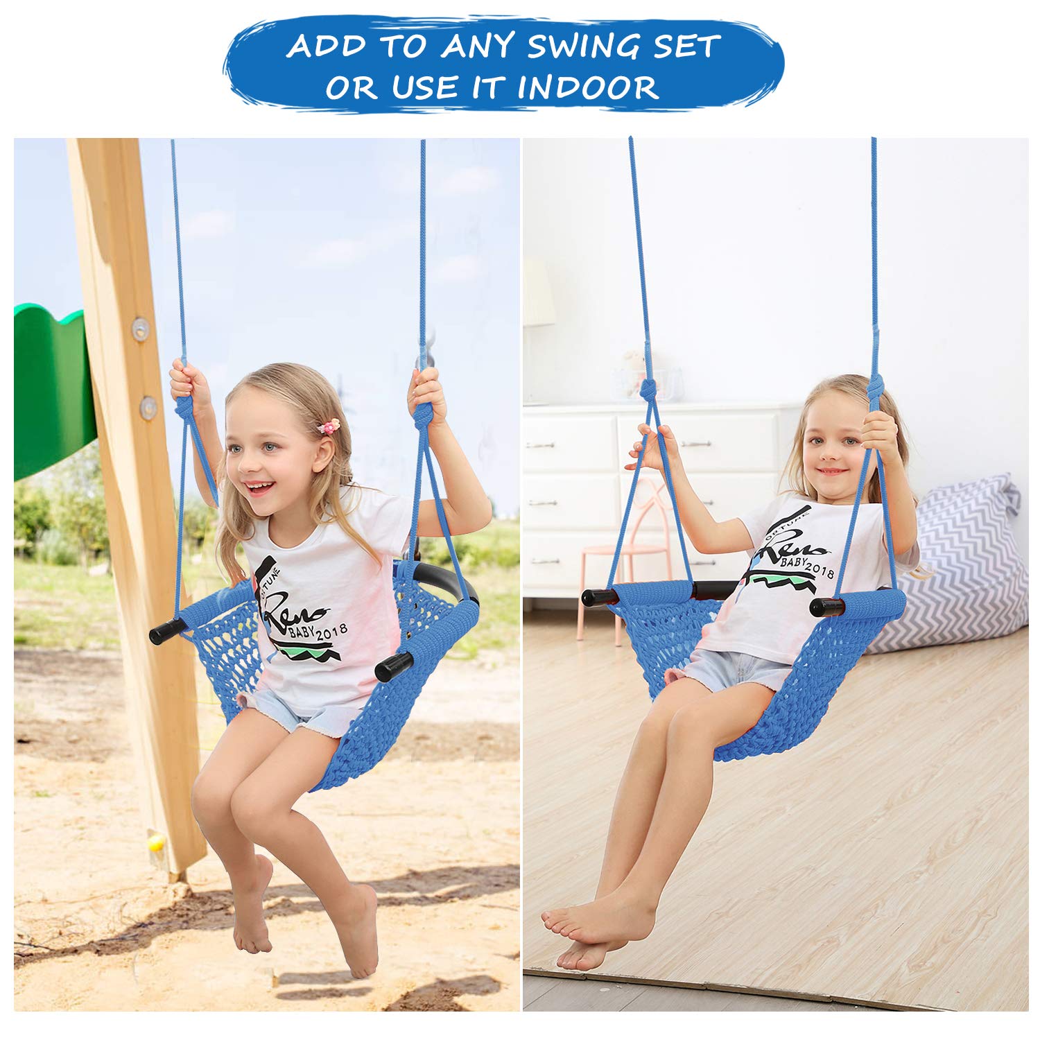 Toddler Swing, Swing Seat for Kids with Heavy Duty Adjustable Ropes, Hand-Knitting Secure Children Swing Set for Indoor Porch, Outdoor Playground, Backyard, Tree