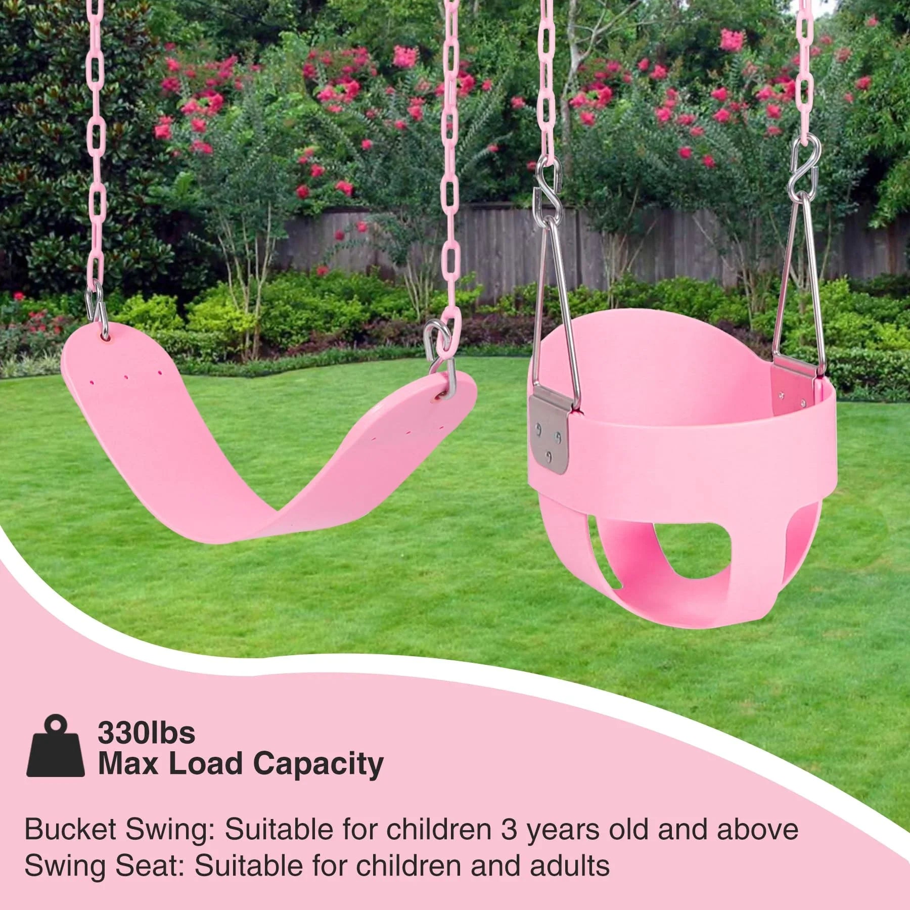 High Back Full Bucket Swing with Heavy Duty Swing Seat Combo Pack (Triangle and Chain Dip), Tree Straps Included, Pink