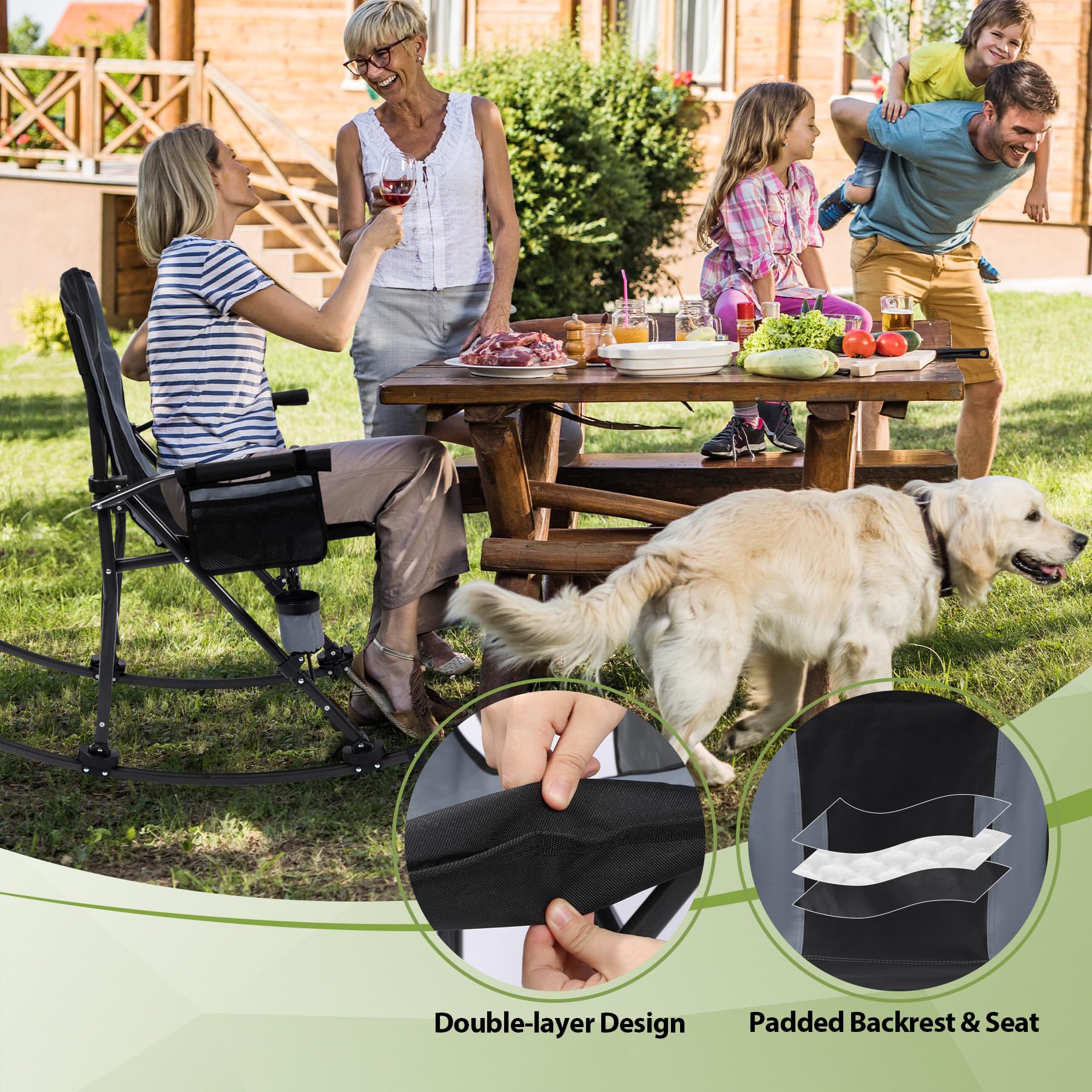 Outdoor rocking chair with padded backrest and seat at a backyard gathering