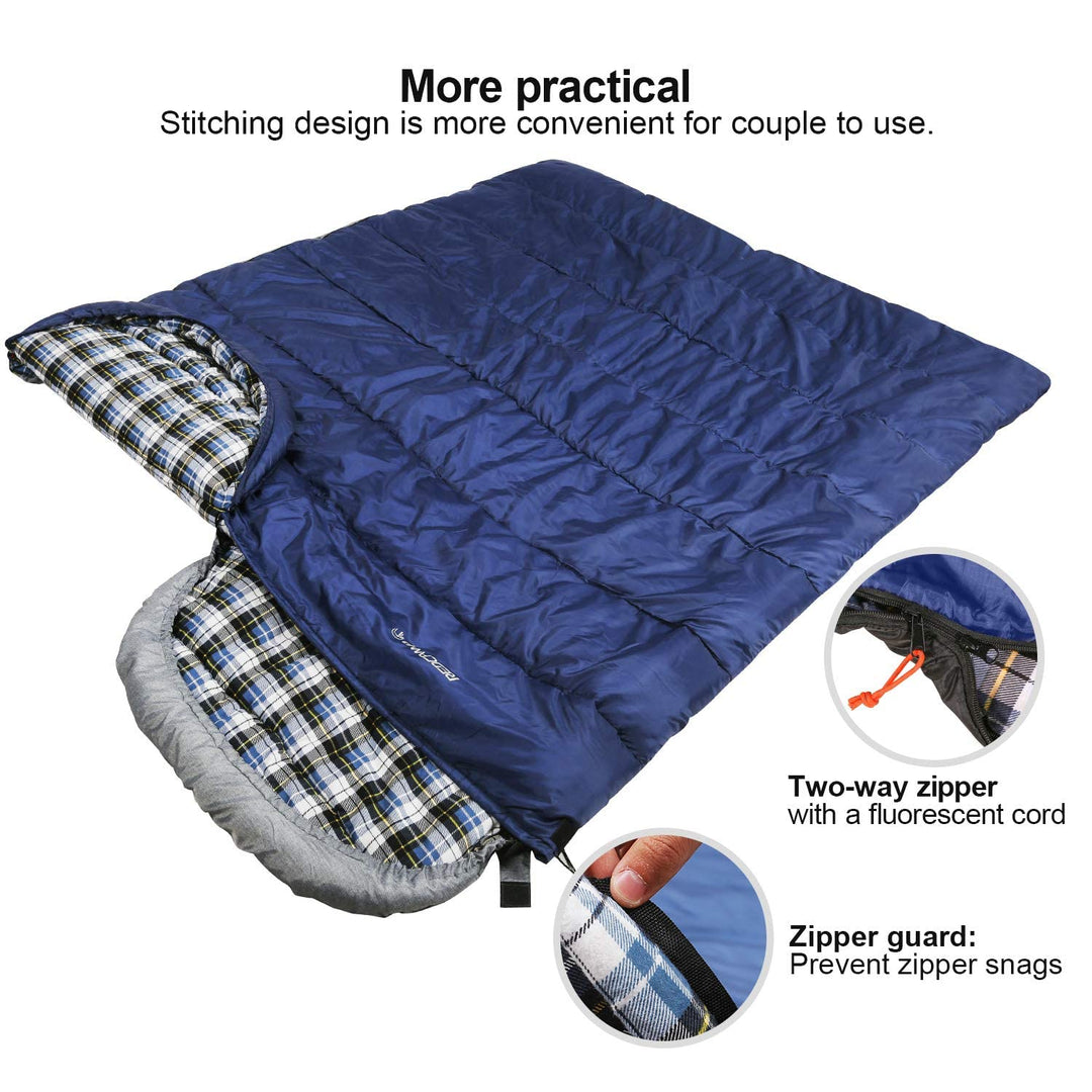 REDCAMP Flannel Sleeping Bag for Adults, Comfortable Cotton Sleeping Bags for Camping with Detachable Hood,Blue