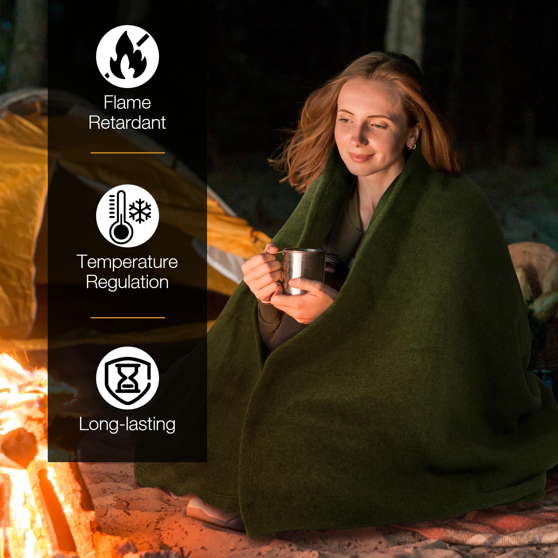 Wool Blanket, Warm and Thick Wool Camping Blanket- Great for Outdoors, Camping, Stadium Blanket, Picnics, Travel and Car, Machine Washable 86"x 63" Green