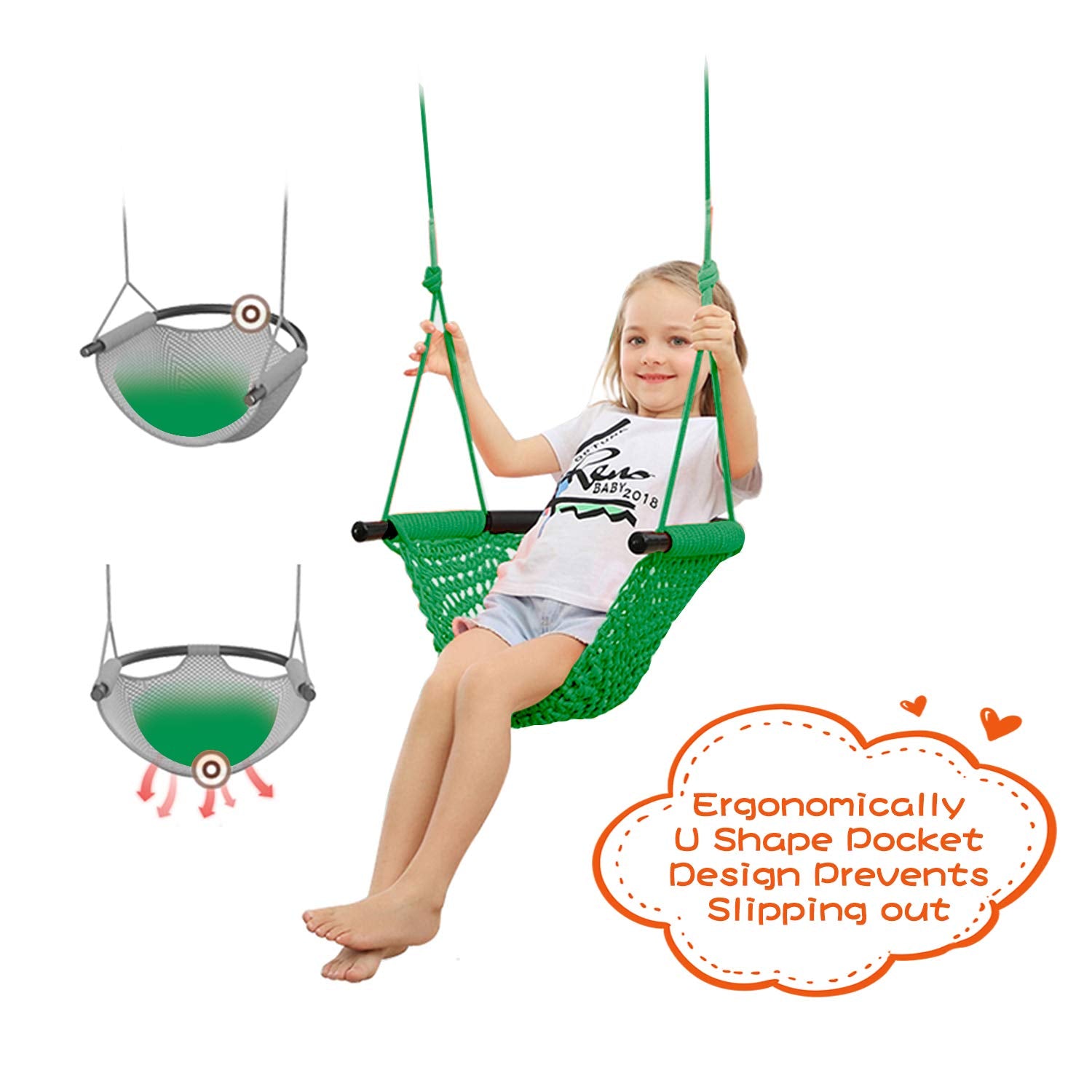 Toddler Swing, Swing Seat for Kids with Heavy Duty Adjustable Ropes, Hand-Knitting Secure Children Swing Set for Indoor Porch, Outdoor Playground, Backyard, Tree
