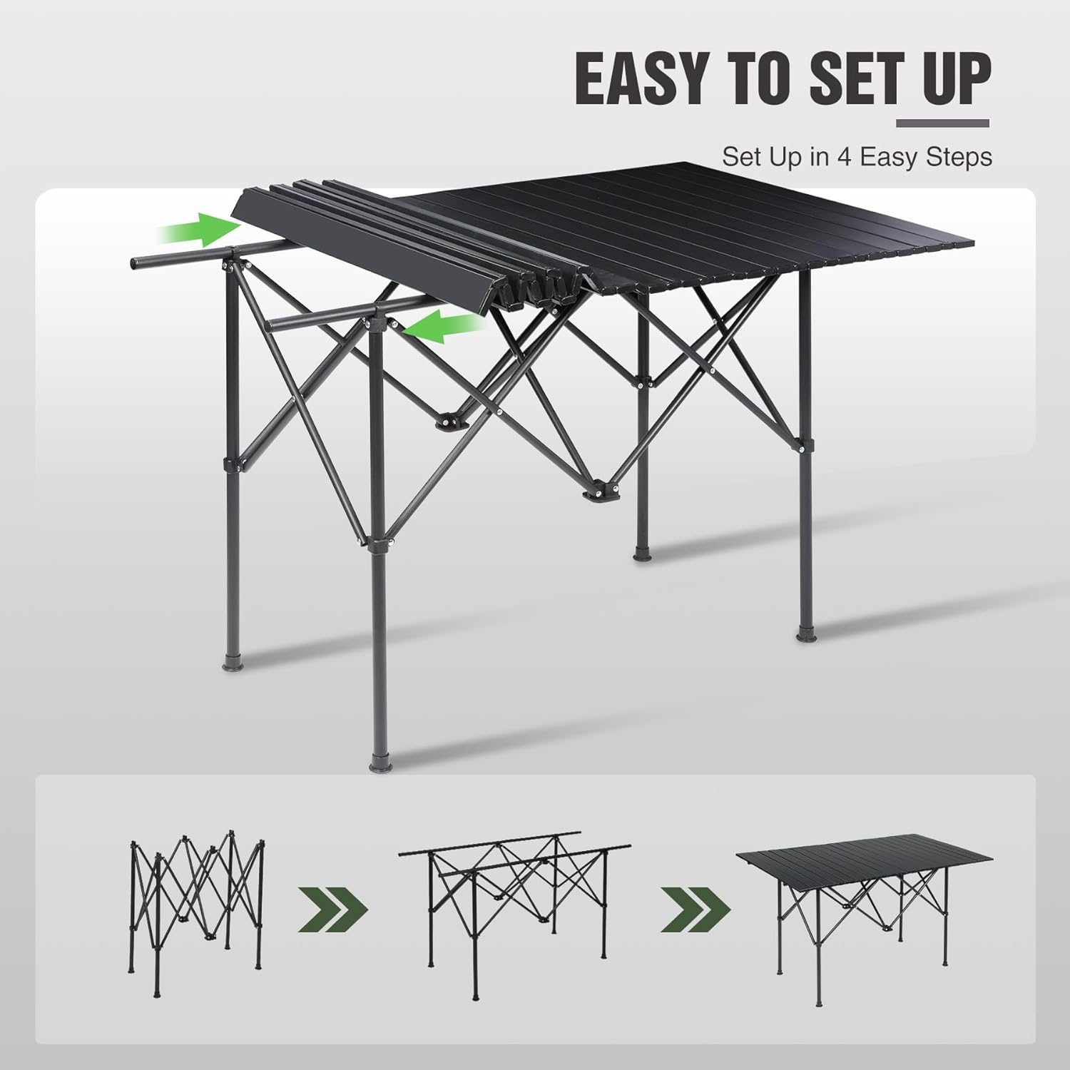 Roll Up Camping Tables That Fold Up, Lightweight Portable Compact Metal Camp Table for Grill Outdoor Picnic, Black Long 47x28