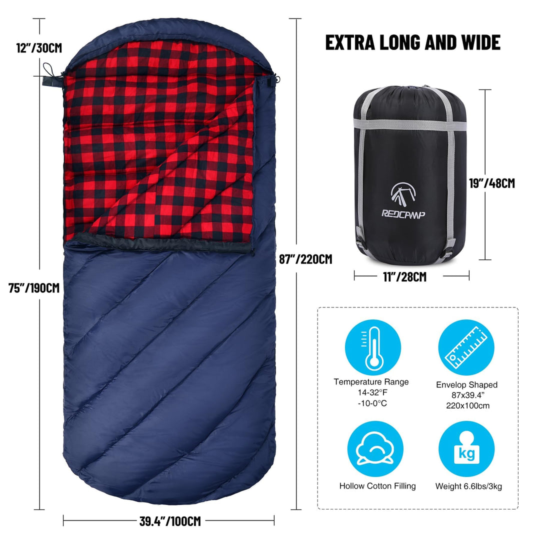 REDCAMP Flannel Sleeping Bag for Adults, Comfortable Cotton Sleeping Bags for Camping with Detachable Hood