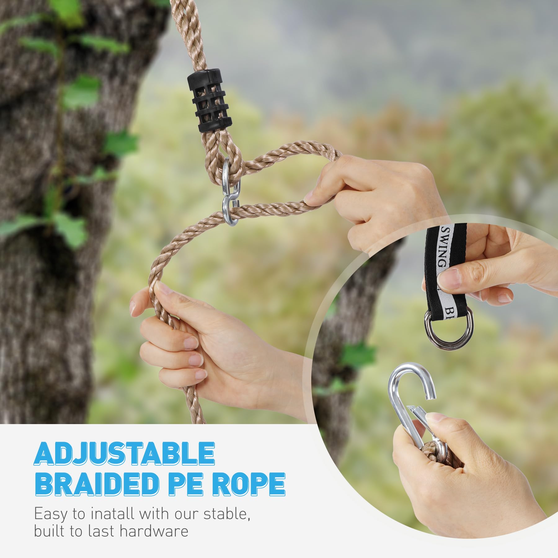 Tree Swing for Kids, 3-in-1 Longboard Climbing Rope Swing, Adjustable Disc Seat and Tangle-Free Rope for Indoor or Outdoor Playground Playset, Up to 600 lbs, Blue