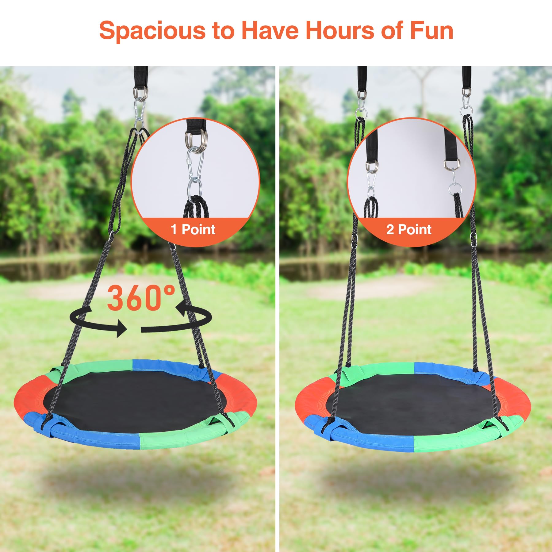 43" Tree Swing for Kids Outdoor, Waterproof Large Round Flying Saucer Swings for Trees and Swingset, Strong Heavy Duty for Outside Playground, 500LBS Weight Capacity, Rainbow