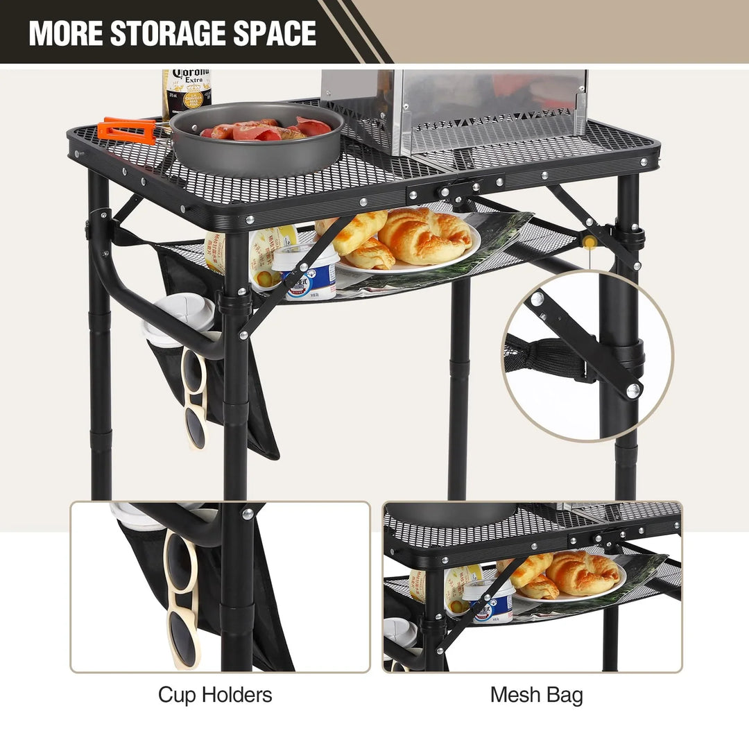 Table de barbecue pliante pour l'extérieur avec pieds réglables en hauteur 