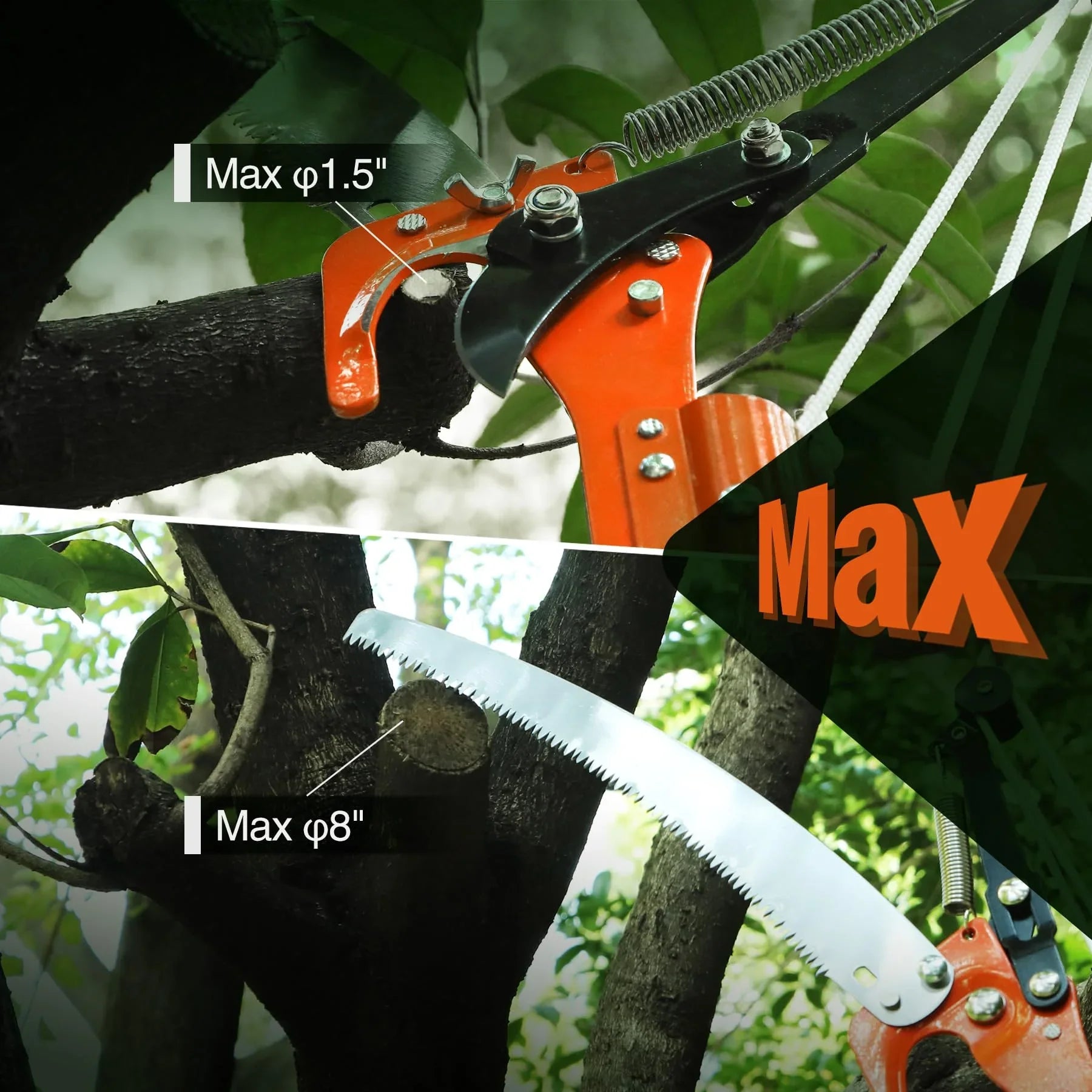 Manual Pole Saw, 27ft Extendable Tree Pruner, Sharp Steel Blade and Scissors High Branches Trimming