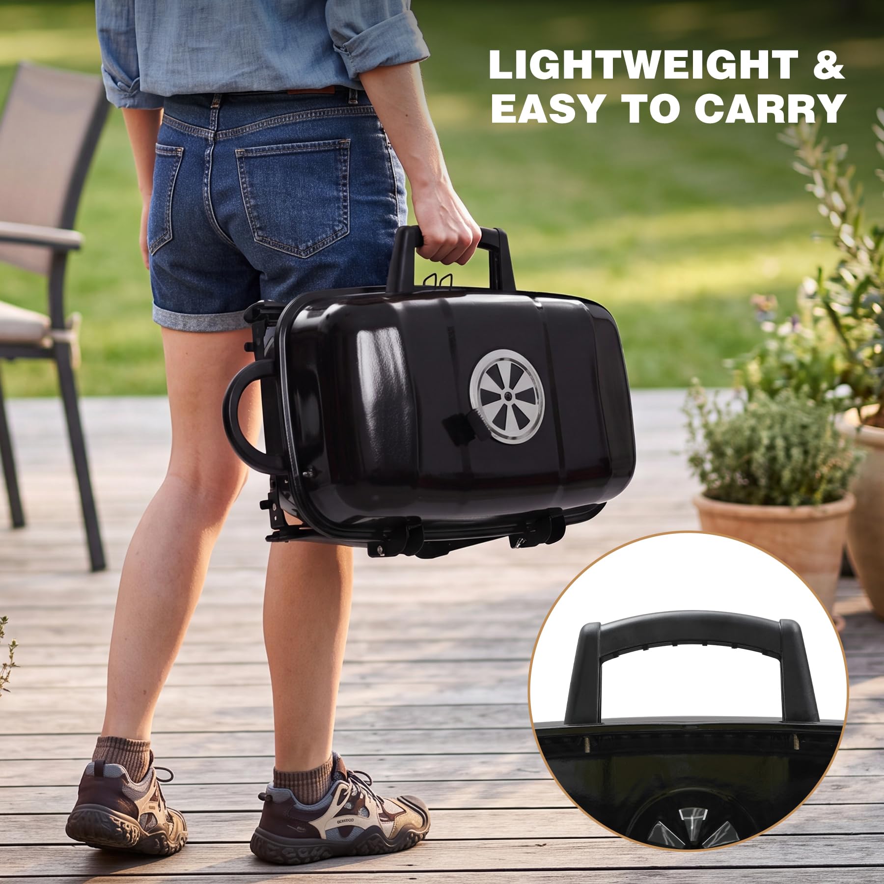 REDCAMP portable charcoal grill with folding legs and built-in carry handle