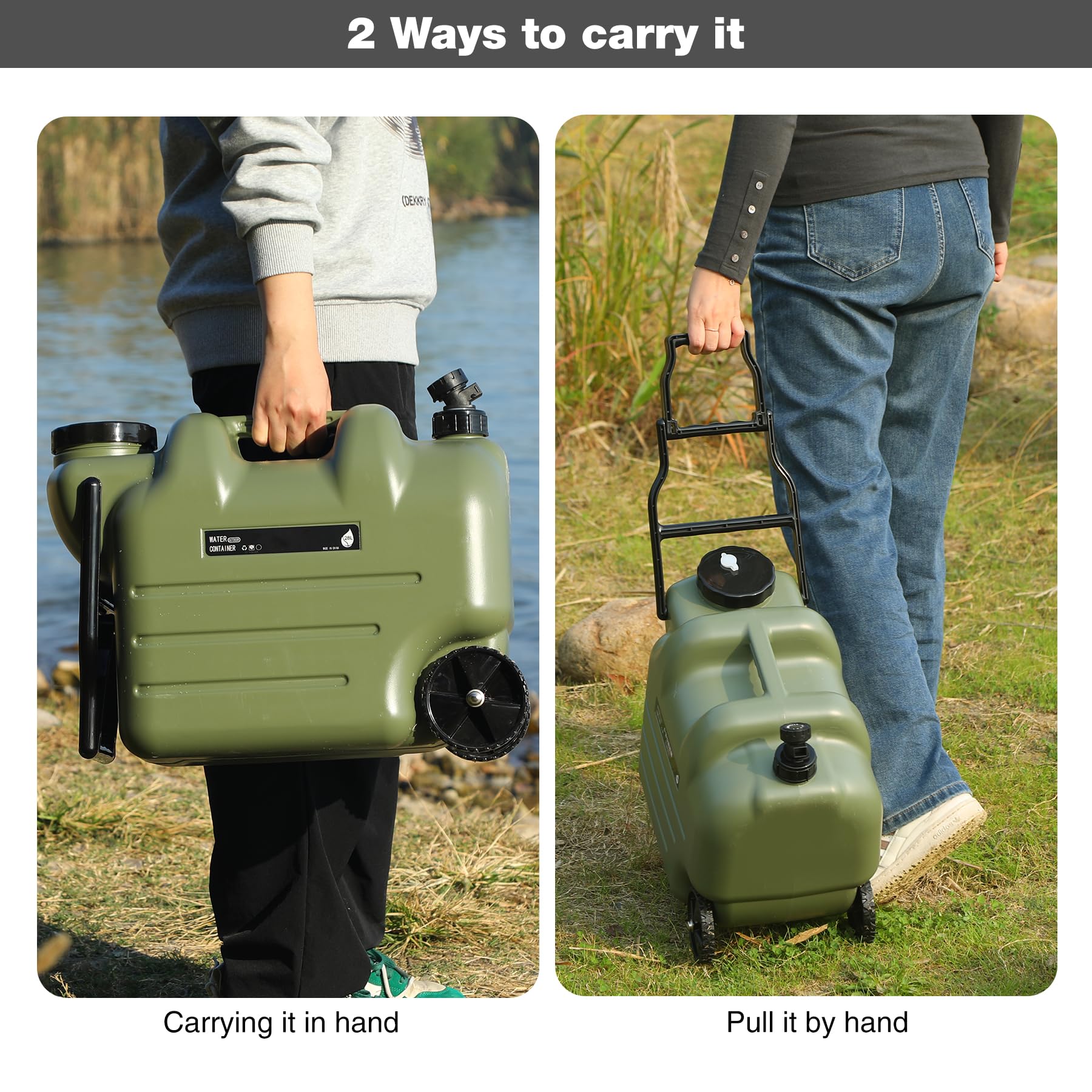 7.4 Gal Water Container with Wheels & Spigot | Portable Rolling Emergency Camping Water Jug with Folding Handle | BPA Free Food Grade Water Storage Tank for Camping, 2 Pack(28L, Green)